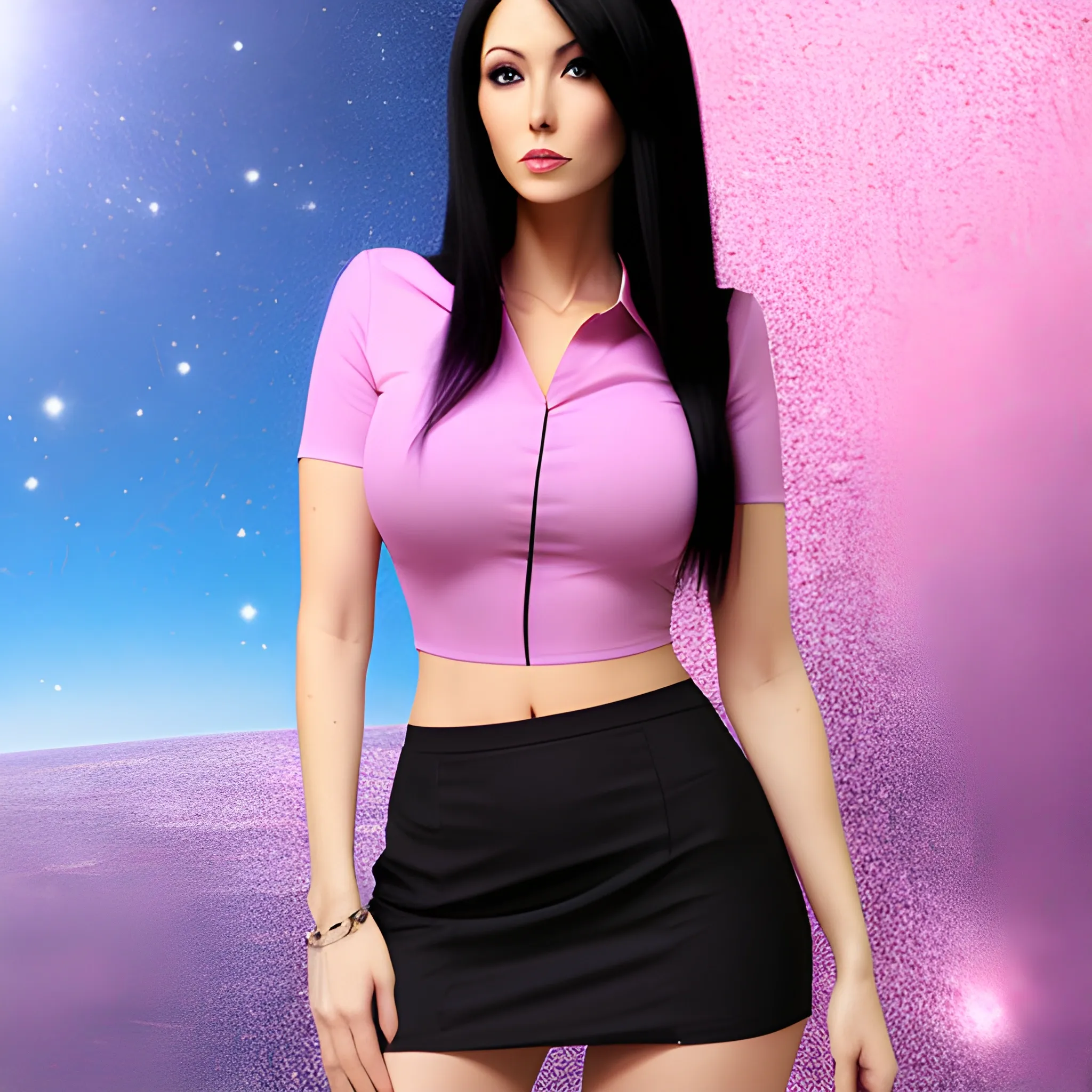 FULL BODY GIRL WITH MEASUREMENTS IN THE SPACE WITH LONG BLACK STRAIGHT HAIR WITH A SHORT PINK BLOUSE AND SKY BLUE MINISKIRT