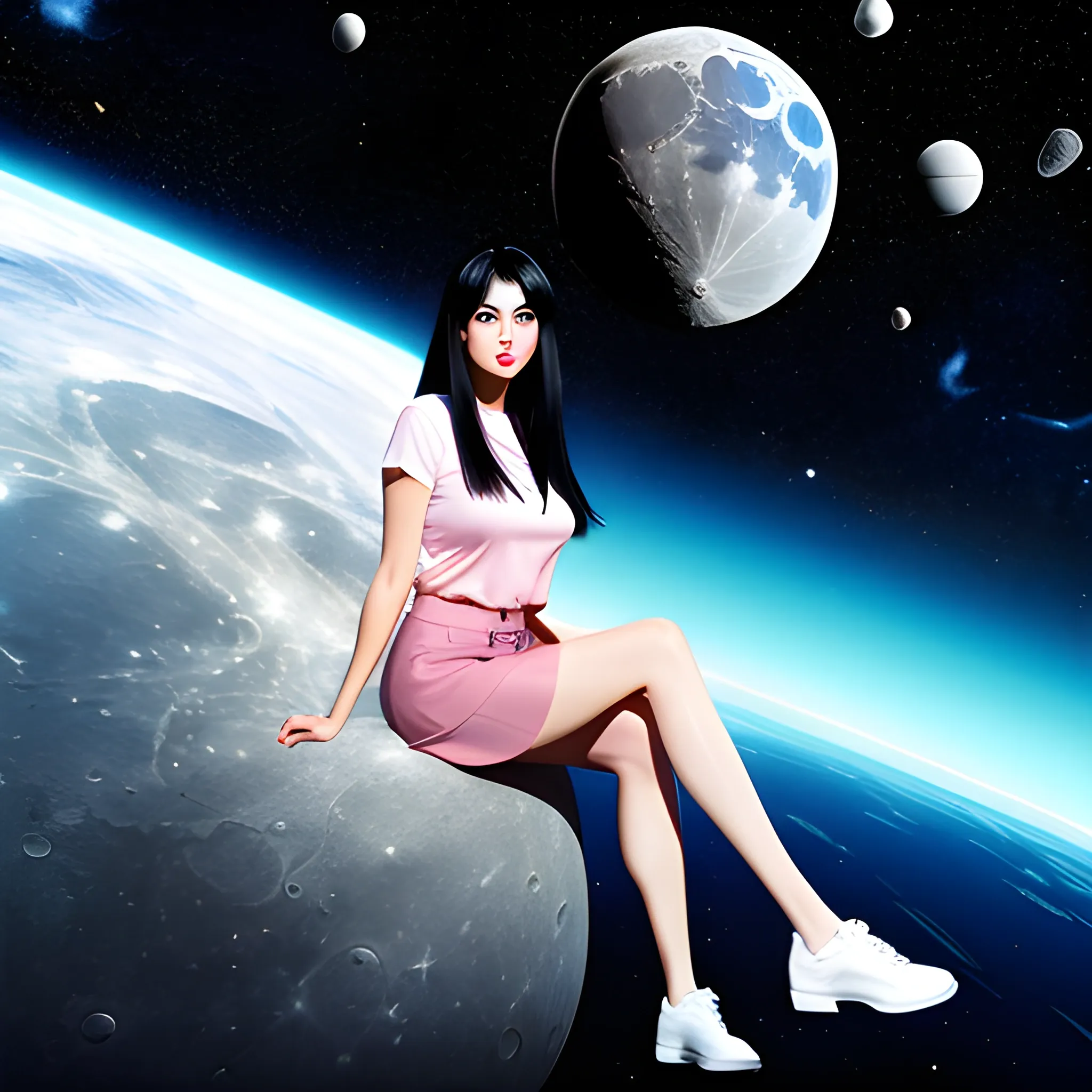 BEAUTIFUL FULL BODY GIRL SITTING ON THE MOON IN SPACE WITH LONG BLACK STRAIGHT HAIR WITH PINK SHORT BLOUSE AND SKY BLUE MINISKIRT WHITE SHOES