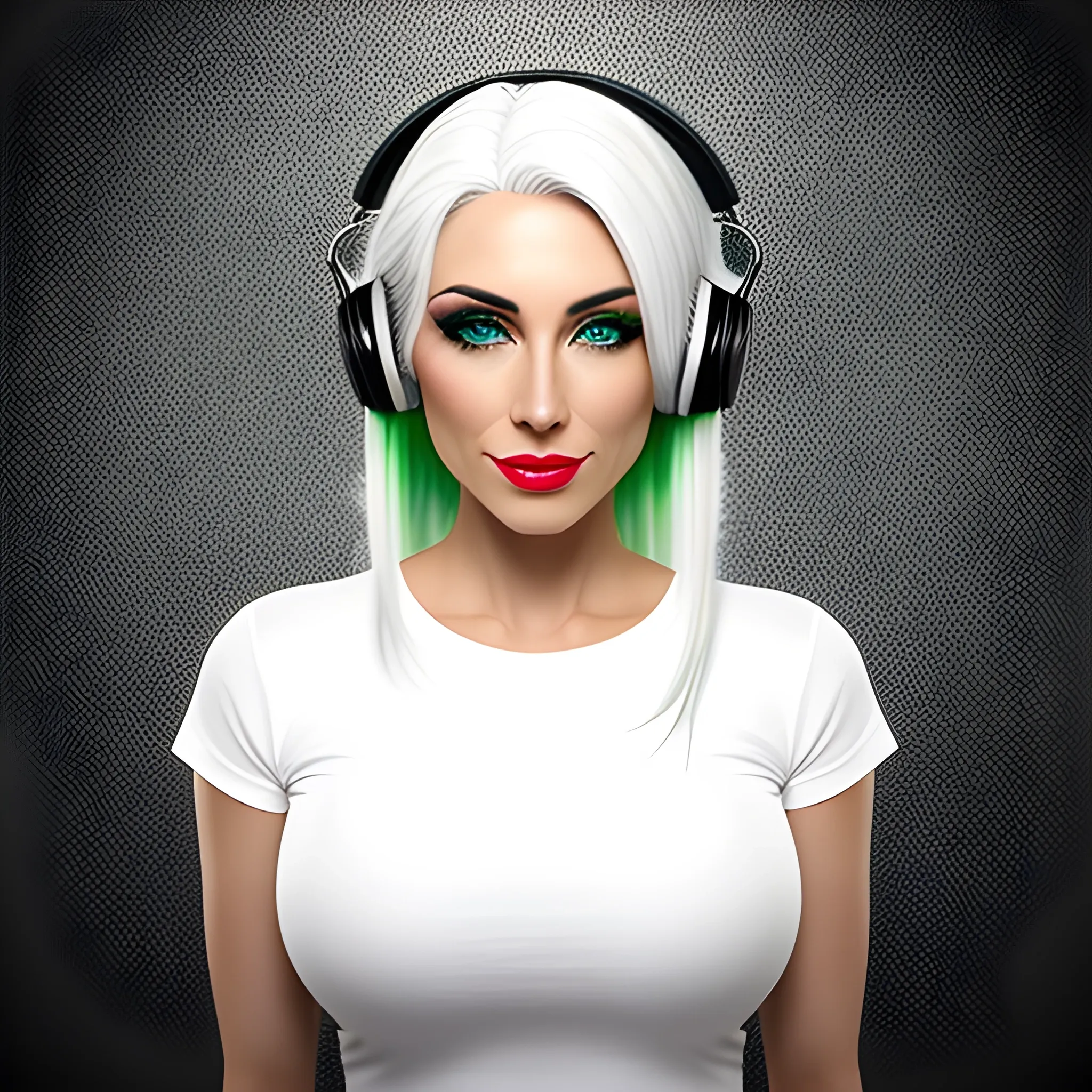 BEAUTIFUL GIRL WITH STRAIGHT WHITE HAIR, GREEN EYES, WHITE TEES WITH HEADPHONES