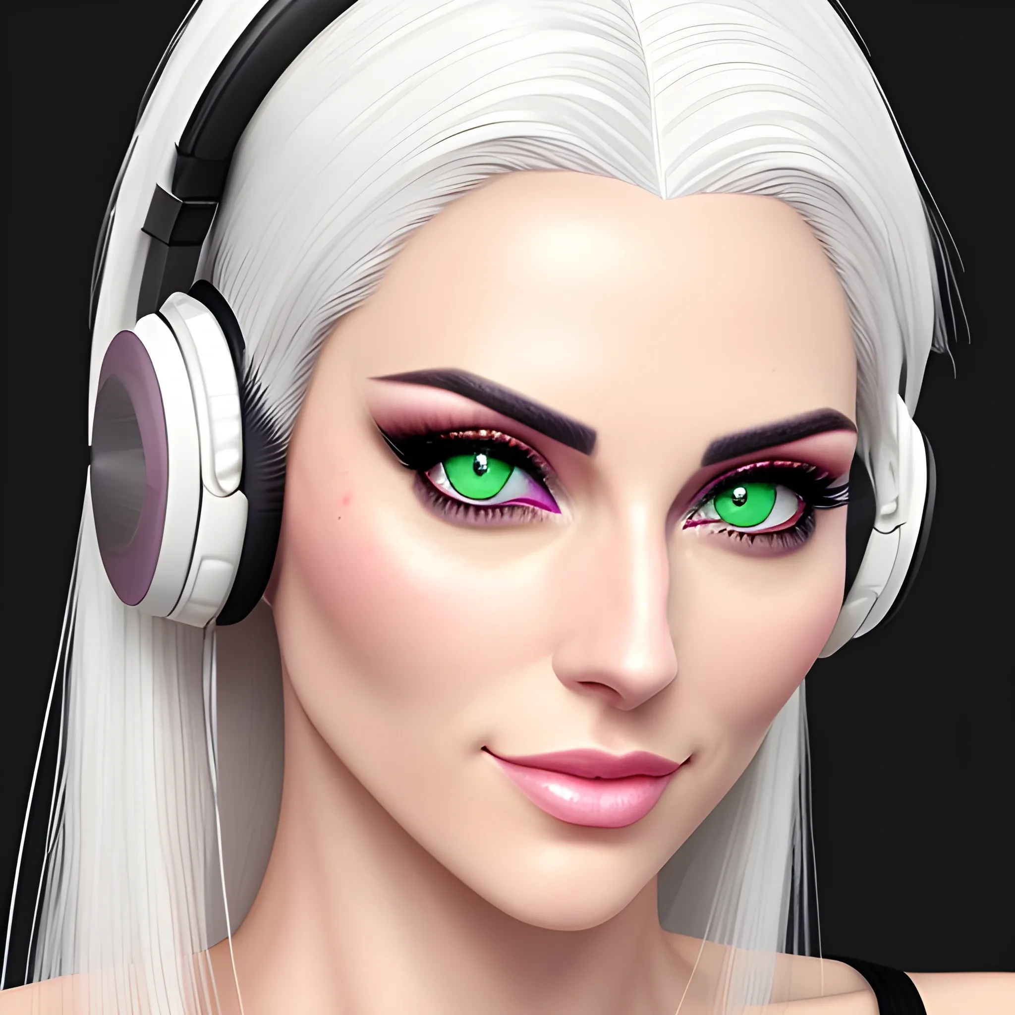 BEAUTIFUL GIRL WITH STRAIGHT WHITE HAIR, GREEN EYES, WHITE TEES WITH HEADPHONES, DETAILED PINK EYES, ULTRA DETAILED REALISTIC