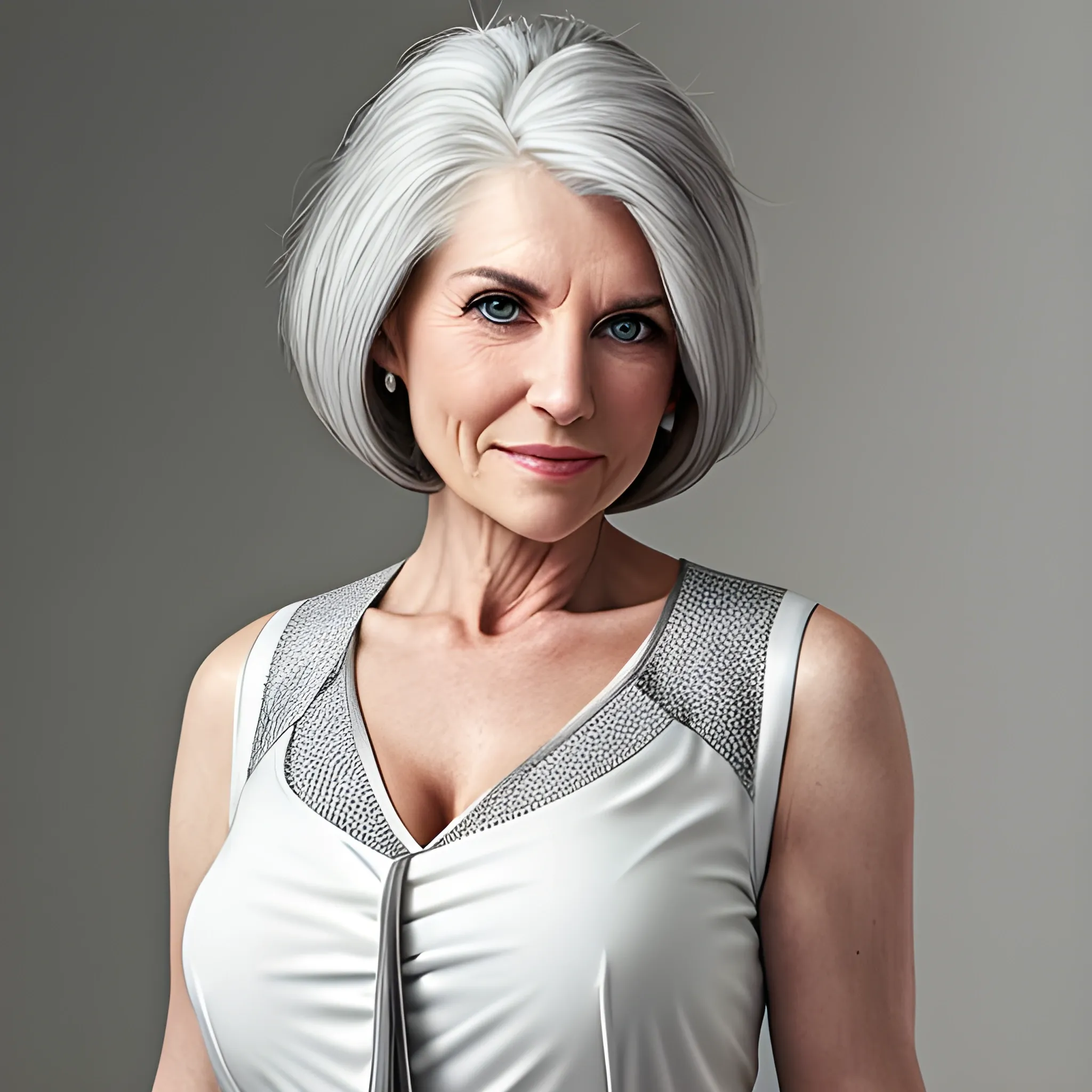 White and Gray haired woman with top heavy chest in a low cut form fitting blouse
