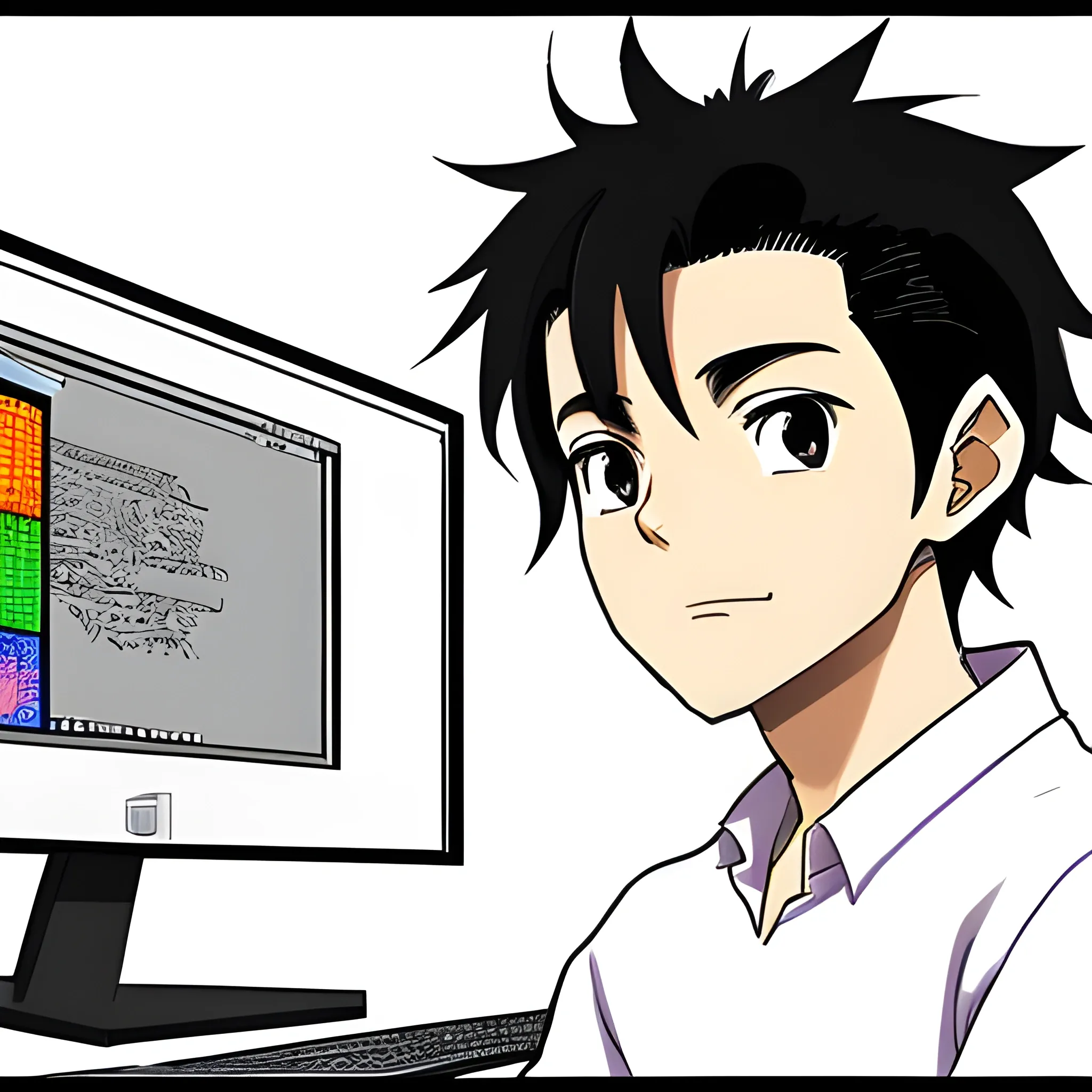 A software Engineer male black hair anime looking at the computer for profile picture purposes.  In   background will be binary and  machine languages

Cartoon, Pencil Sketch,

