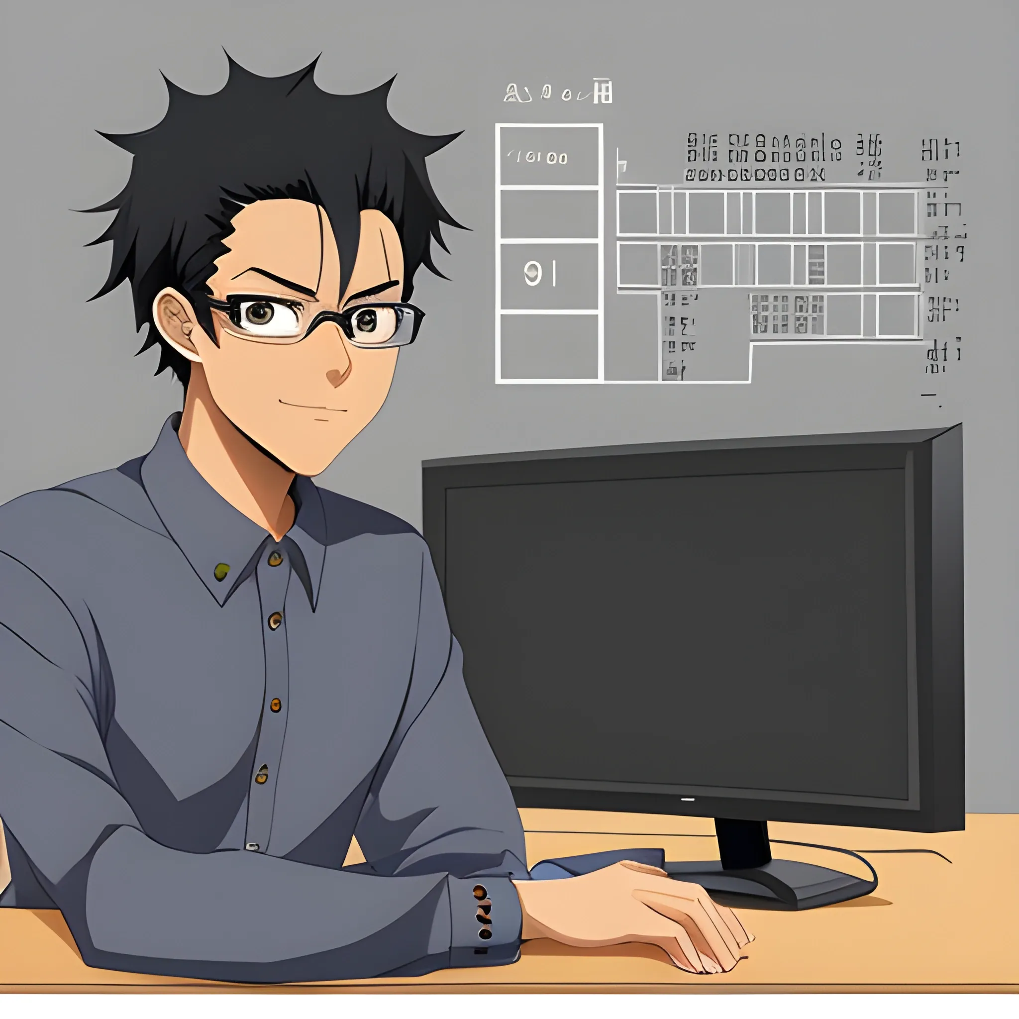 A software Engineer male black hair anime looking at the computer for profile picture purposes.  In the background will be binary numbers and  machine languages,  Cartoon, Pencil Sketch,

