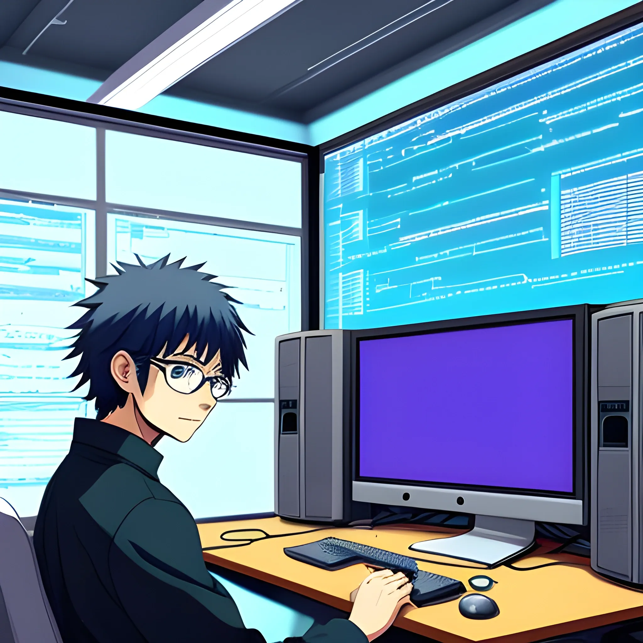 a anime charecter who is a software engineer. He works in a cool rooms with cool computers and works on dajngo projects