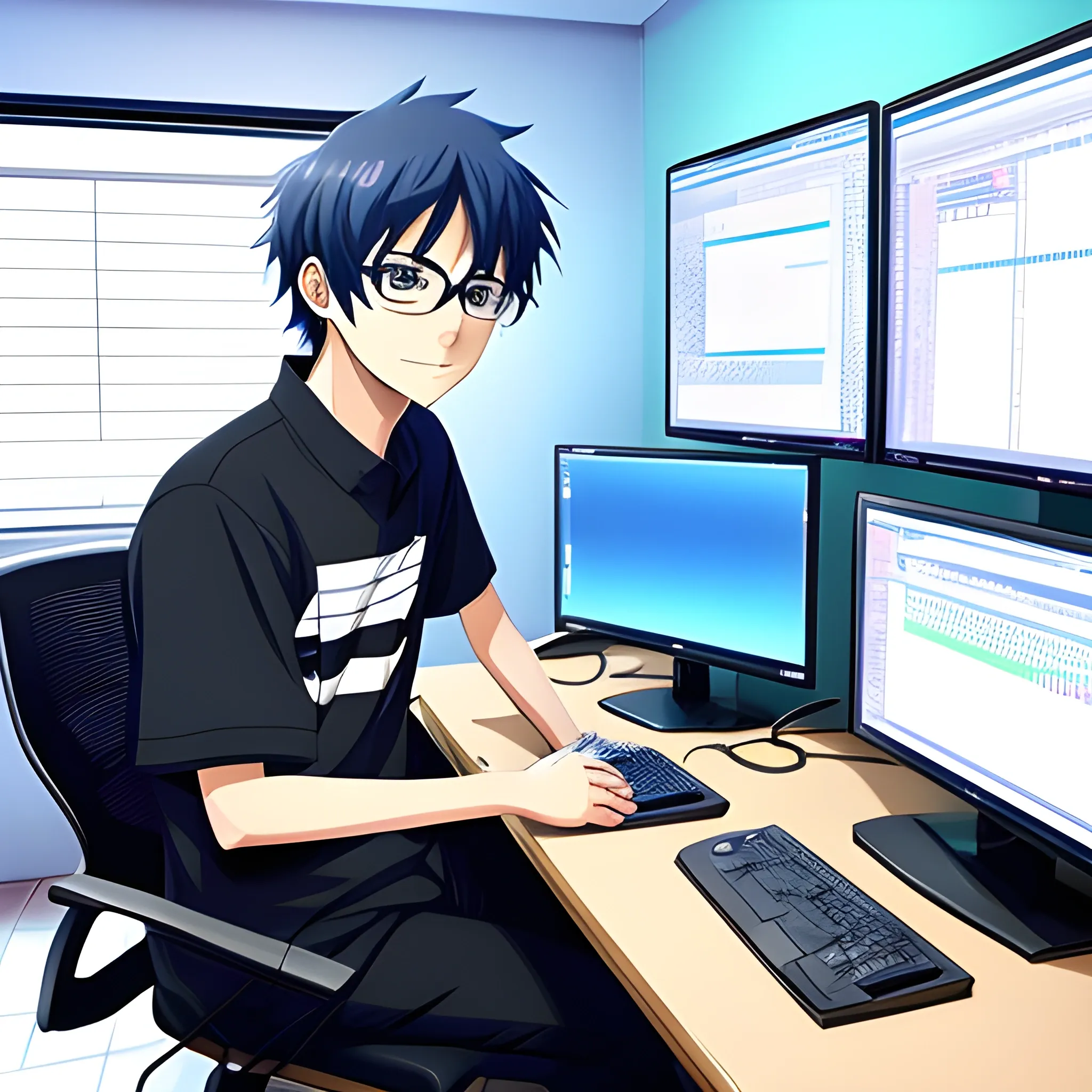 a anime charecter who is a software engineer. He works in a cool rooms with cool computers and works on dajngo projects 