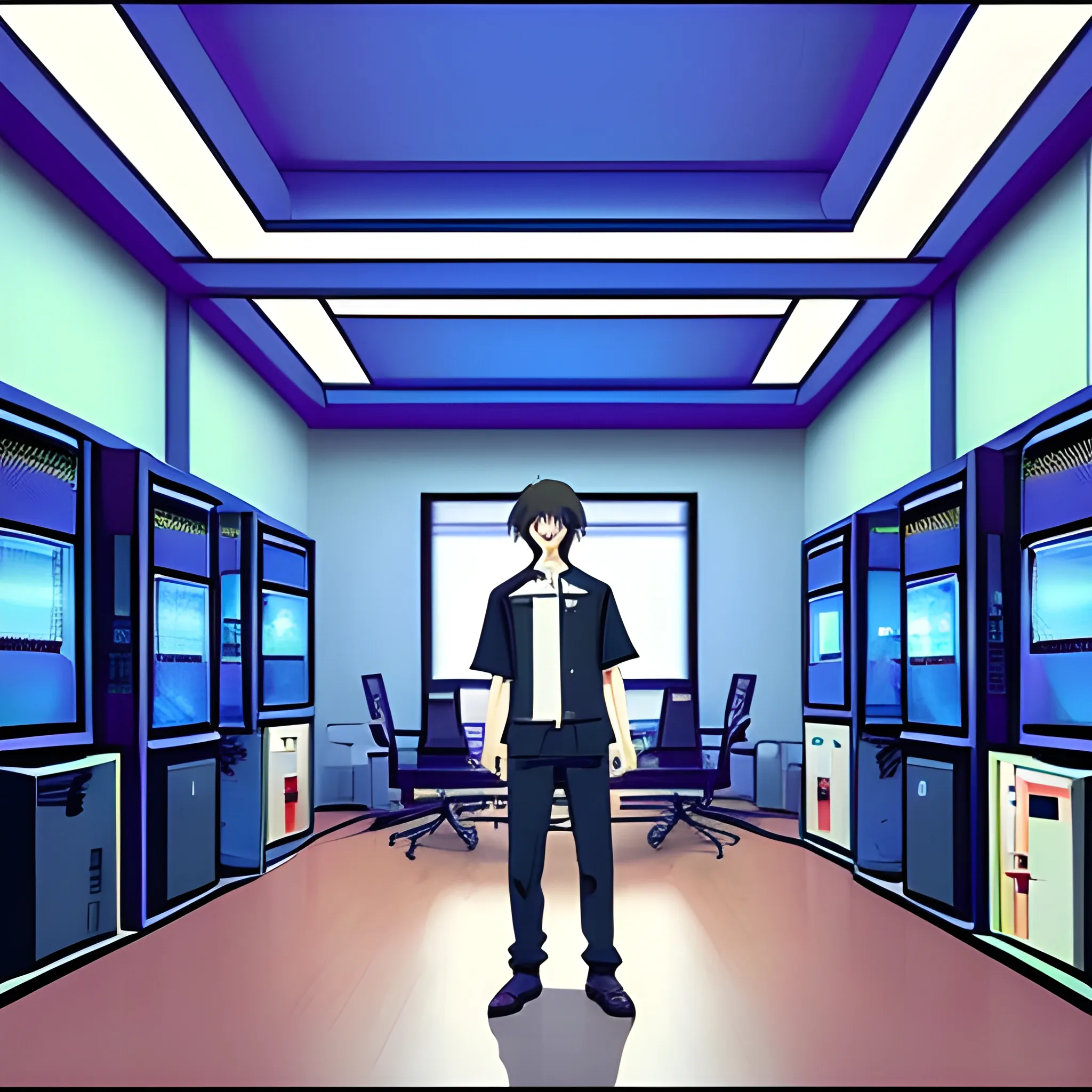 a anime character who is a software engineer. He works in a cool rooms with cool computers and works on dajngo projects . The room is a mystical room and the charecter is serious into his work