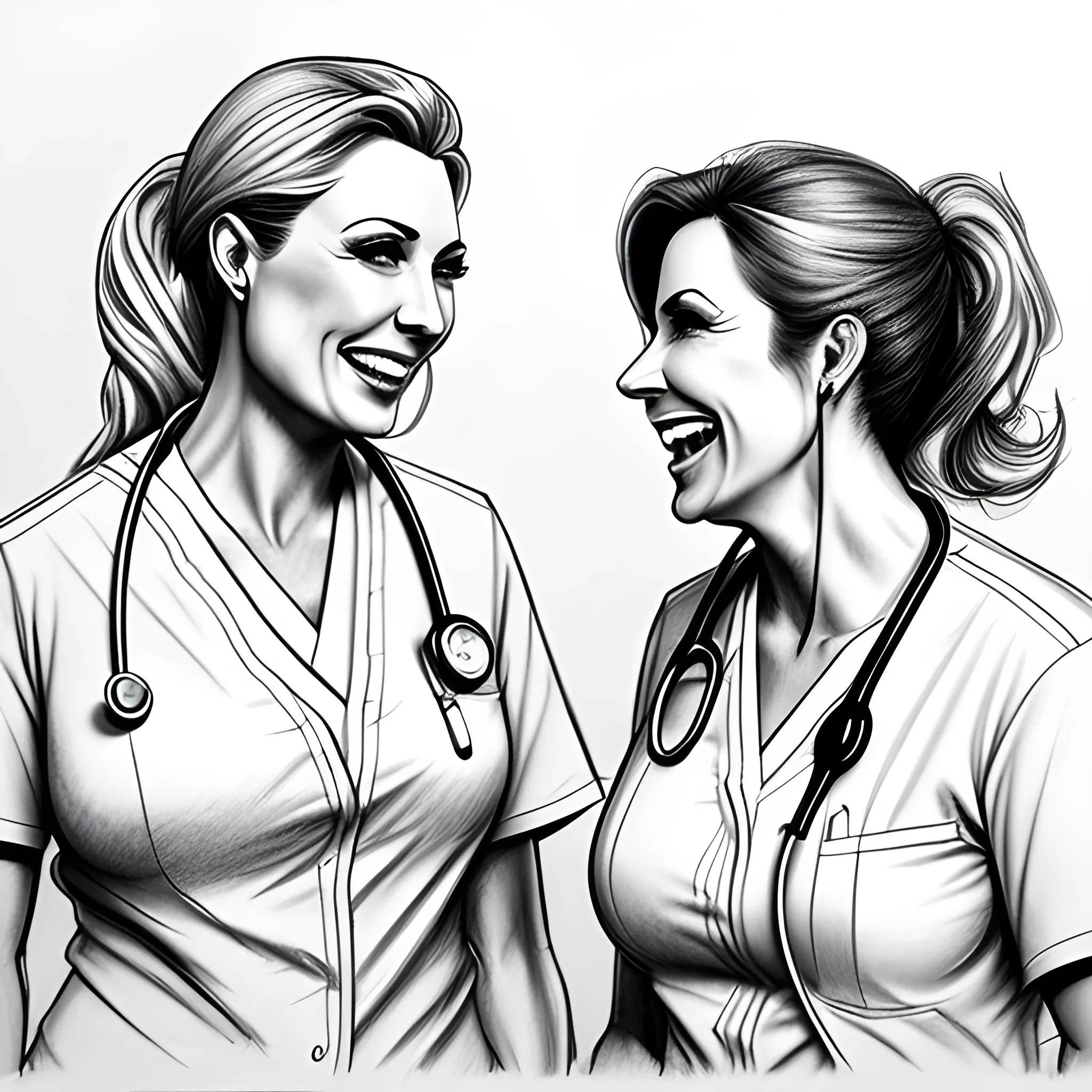 A nurse and a nursing student are talking and laughing
, Pencil Sketch