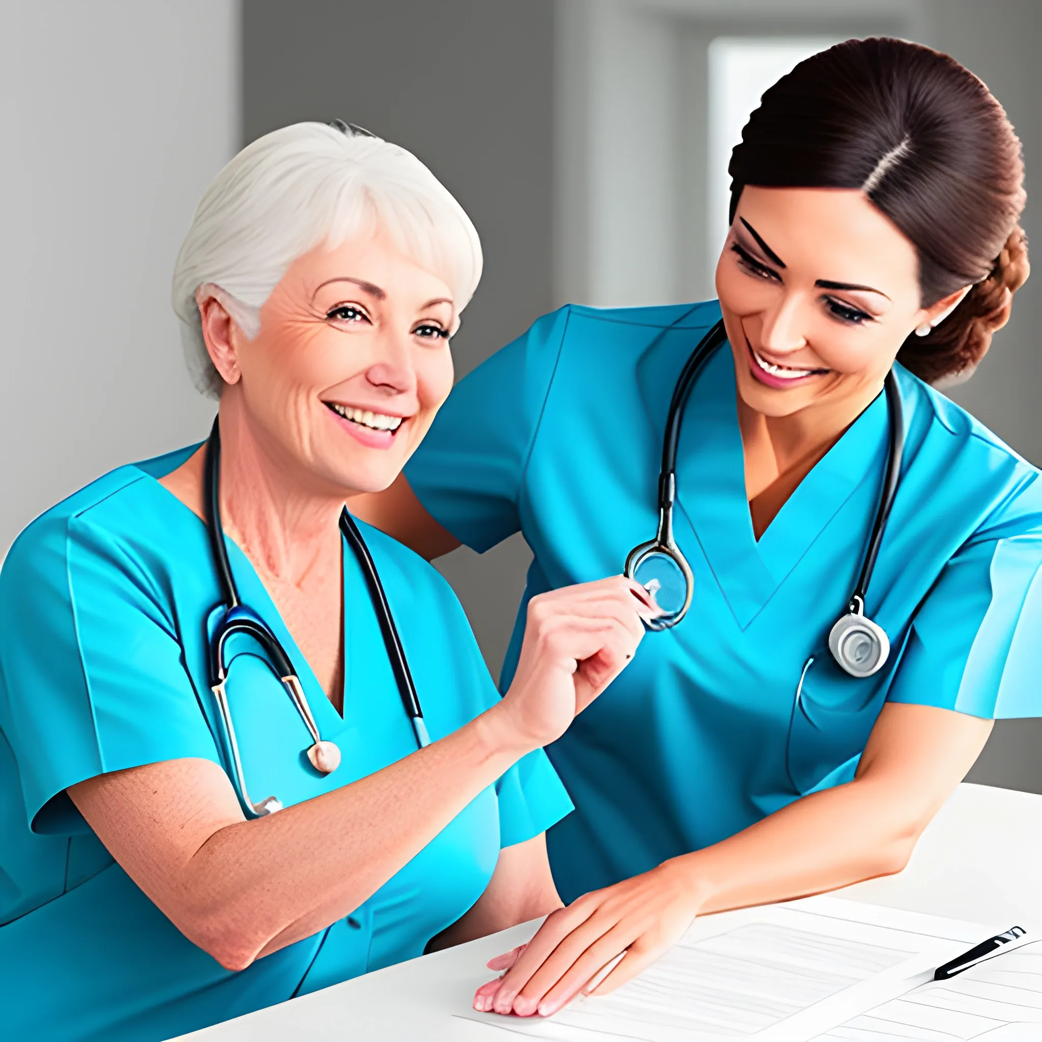 A nurse is showing a nursing task to a nursing student  while smiling
