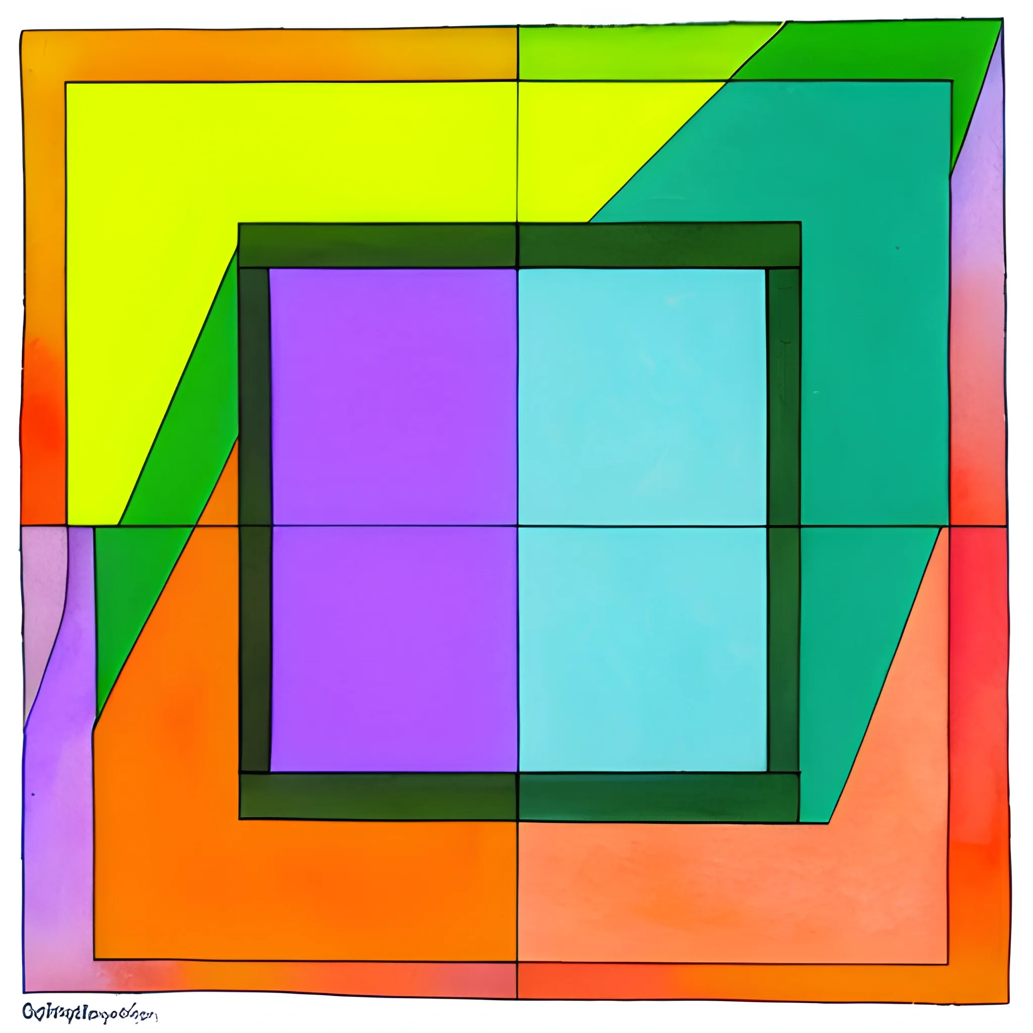 COMPOSITION OF SQUARE, CIRCLE, RECTANGLE, LINES, GREEN, PURPLE, ORANGE, Water Color