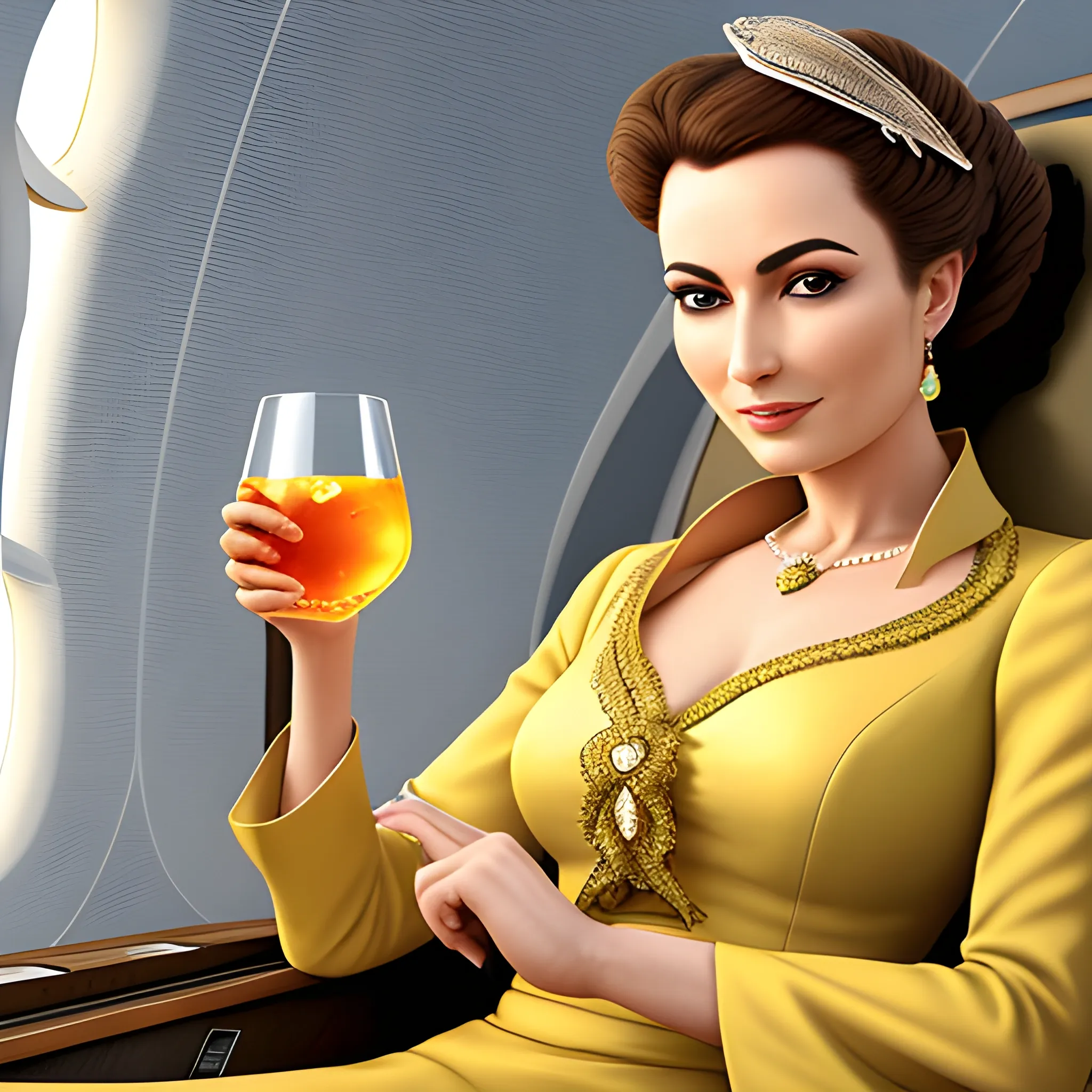 very elegant lady in a plane drinking sidra, eye-catching detail, realistic ultra-detailed

