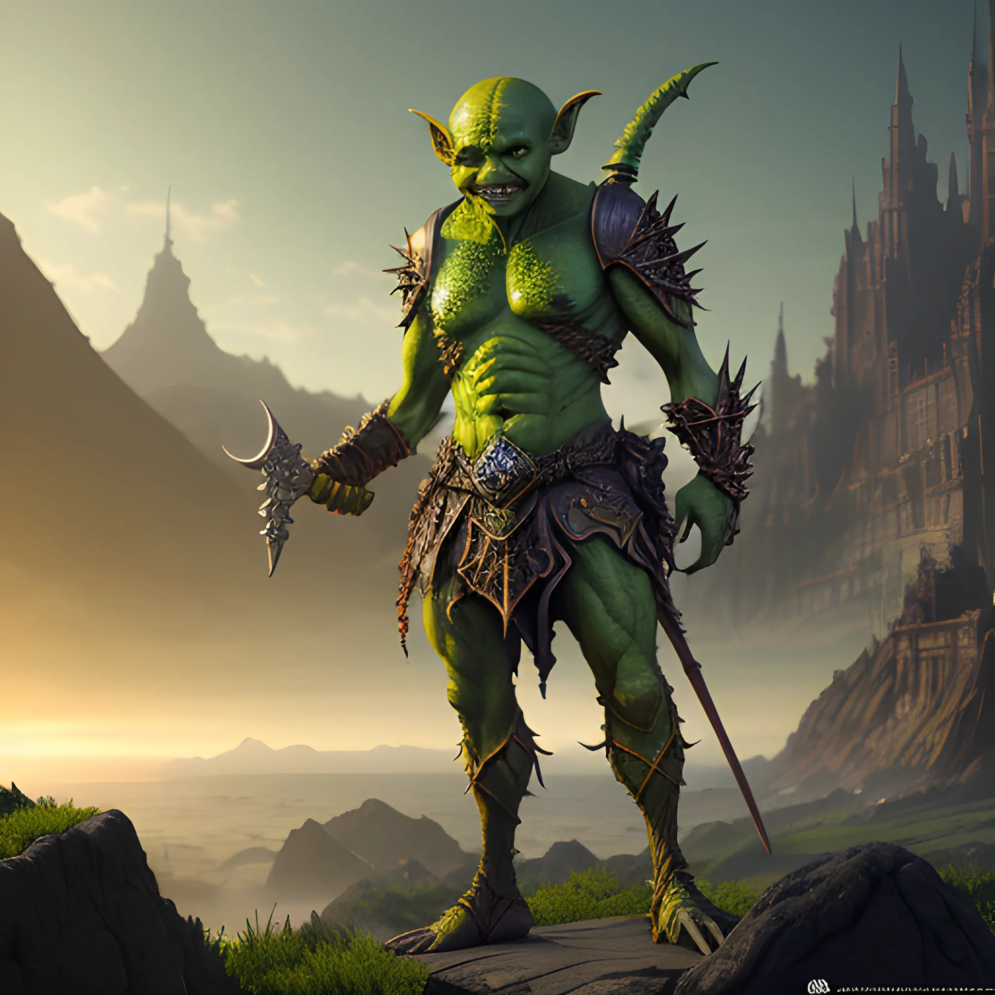 small, green, short, goblin warrior, 8k, high resolution, high quality, photorealistic, hyperrealistic, detailed, detailed matte painting, deep color, fantastical, intricate detail, splash screen, complementary colors, fantasy concept art, 8k resolution trending on Artstation Unreal Engine