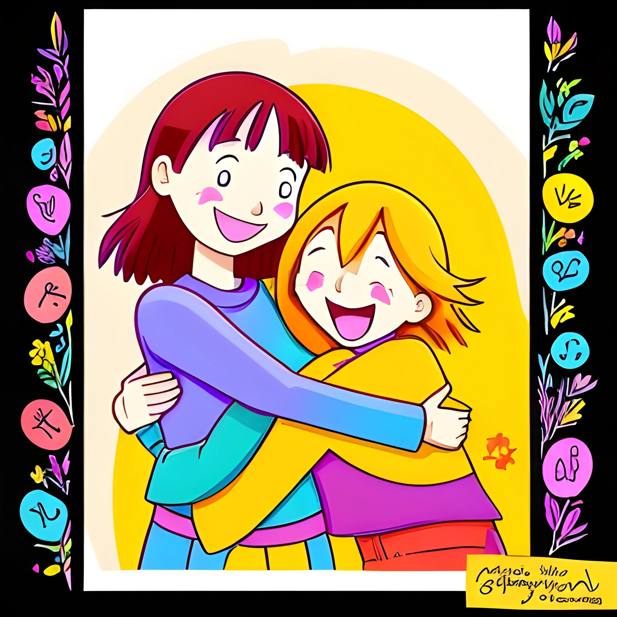 "Visualize an animated scene or illustration that captures the essence of gratitude and inner happiness. Describe the image in a way that reflects cartoon or anime characters expressing genuine emotions of joy and appreciation. Think vibrant colors, animated gestures and background elements that convey a sense of warmth and emotional connection. Describe how this image makes you feel and how it inspires gratitude and positivity in your life.", Cartoon