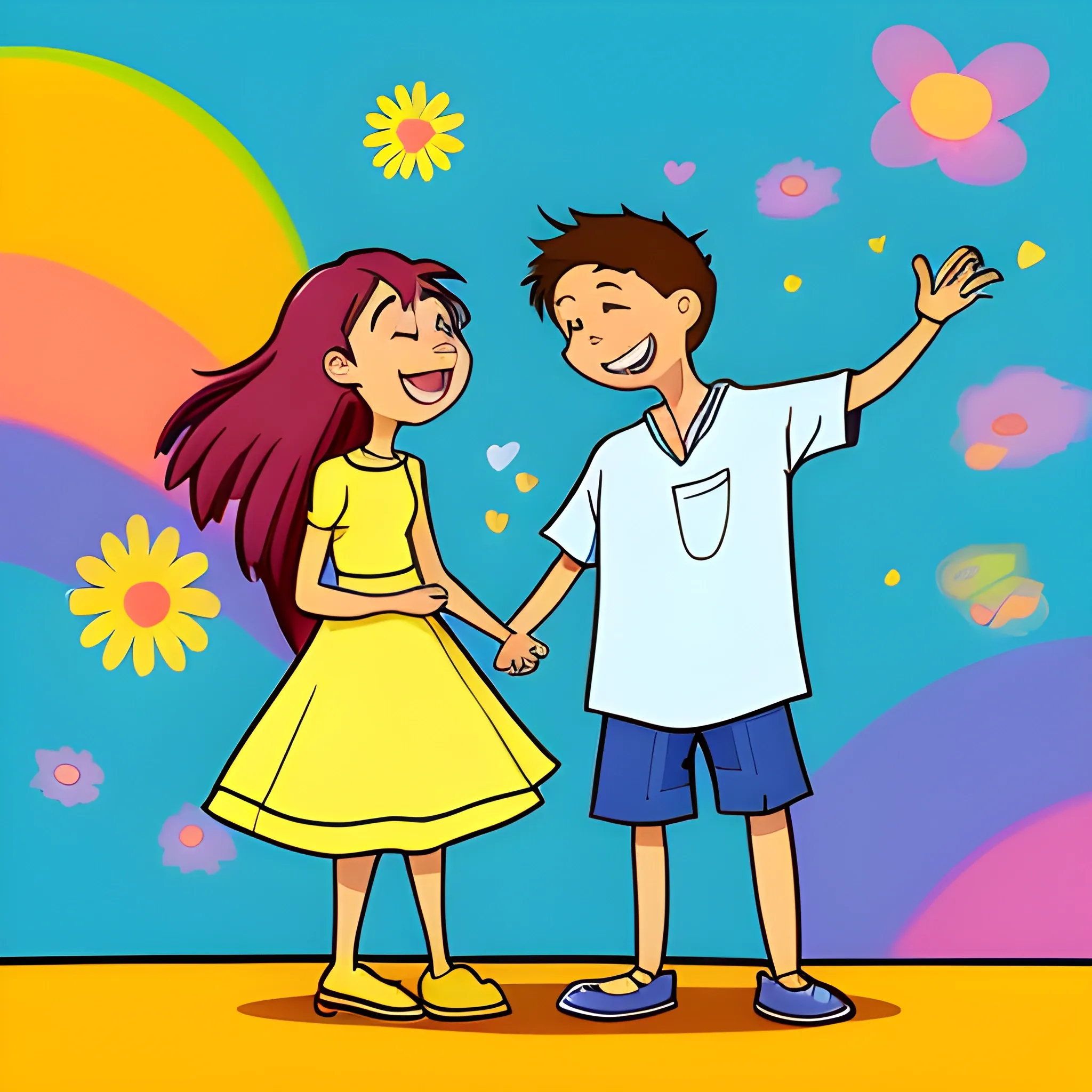 "Visualize an animated scene or illustration that captures the essence of gratitude and inner happiness. Describe the image in a way that reflects cartoon or anime characters expressing genuine emotions of joy and appreciation. Think vibrant colors, animated gestures and background elements that convey a sense of warmth and emotional connection. Describe how this image makes you feel and how it inspires gratitude and positivity in your life.", Cartoon