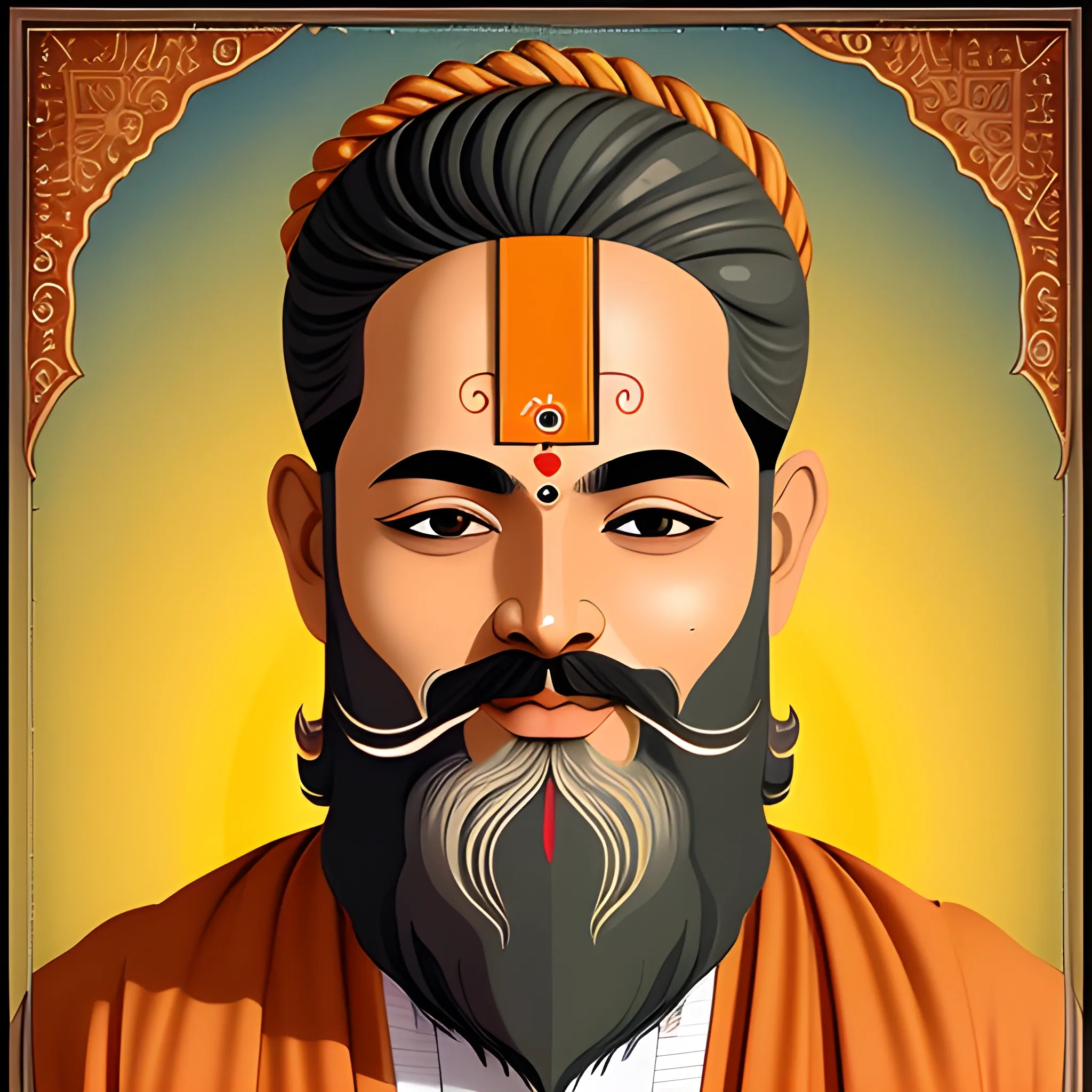 Indian hindu sage, symmetric face, beard, saffron attire, kamandal and vedas in hand, high quality