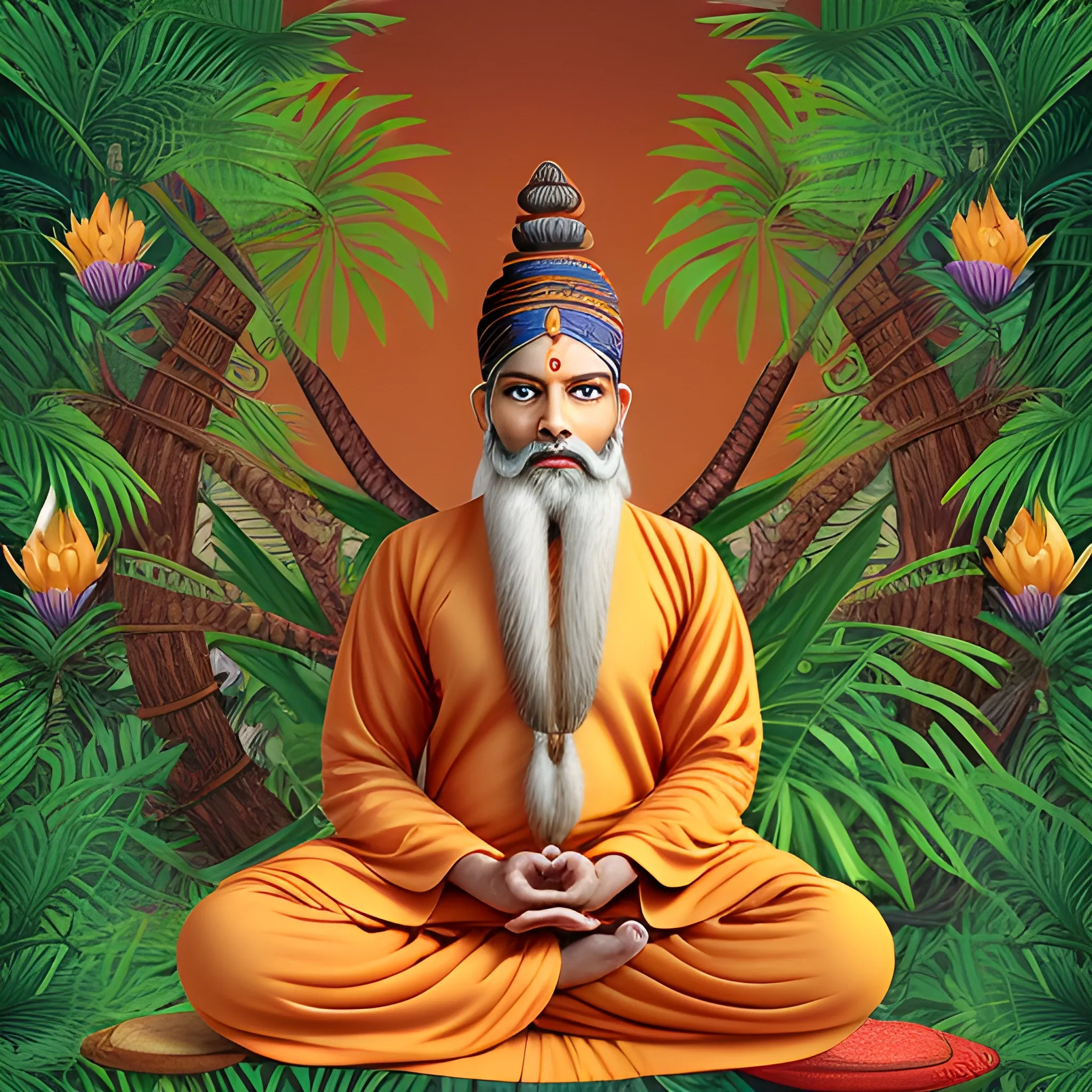 Indian hindu sage, symmetric face, beard, saffron attire, kamandal and vedas in hand, high quality, meditating in jungle, full body