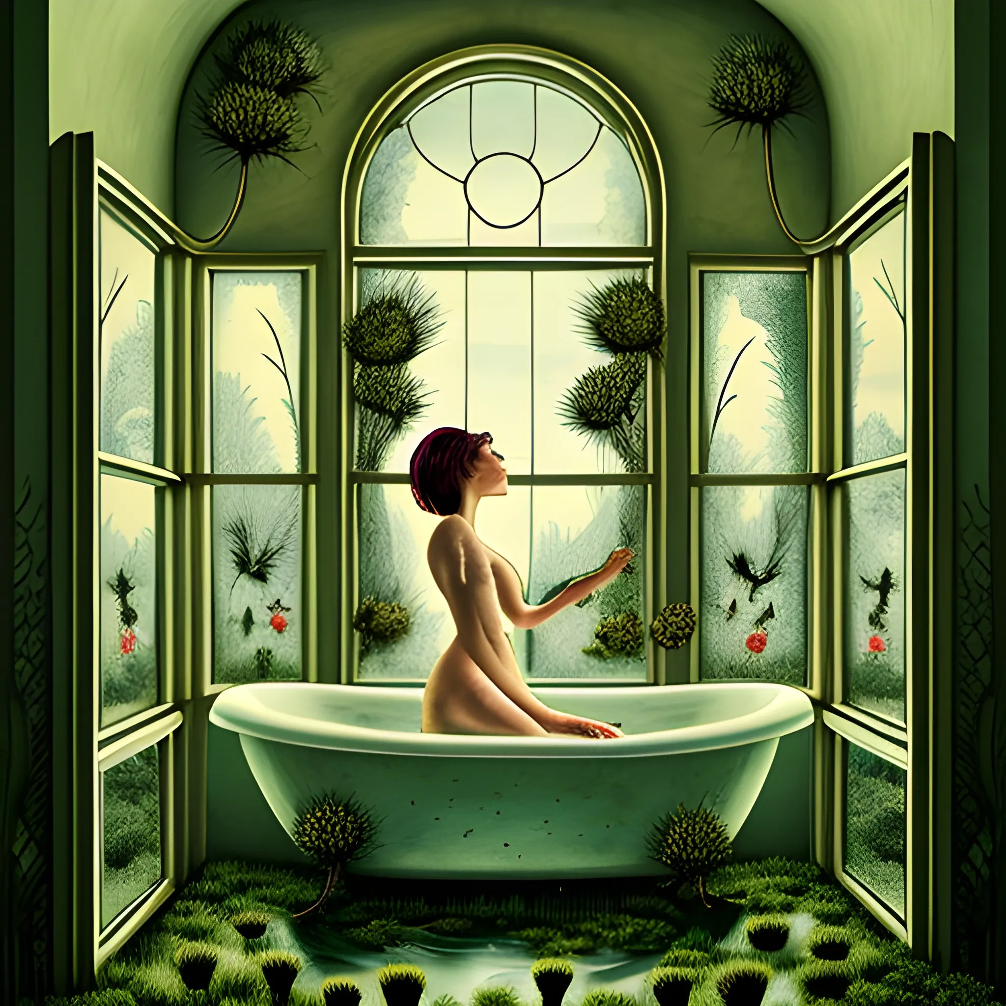 WOMAN INSIDE A BATH FULL OF THISTLES AND SALAMANDERS, AND BEHIND A LARGE WINDOW WHERE YOU CAN SEE AN OLD CITY, SURREAL STYLE, Cartoon, Trippy