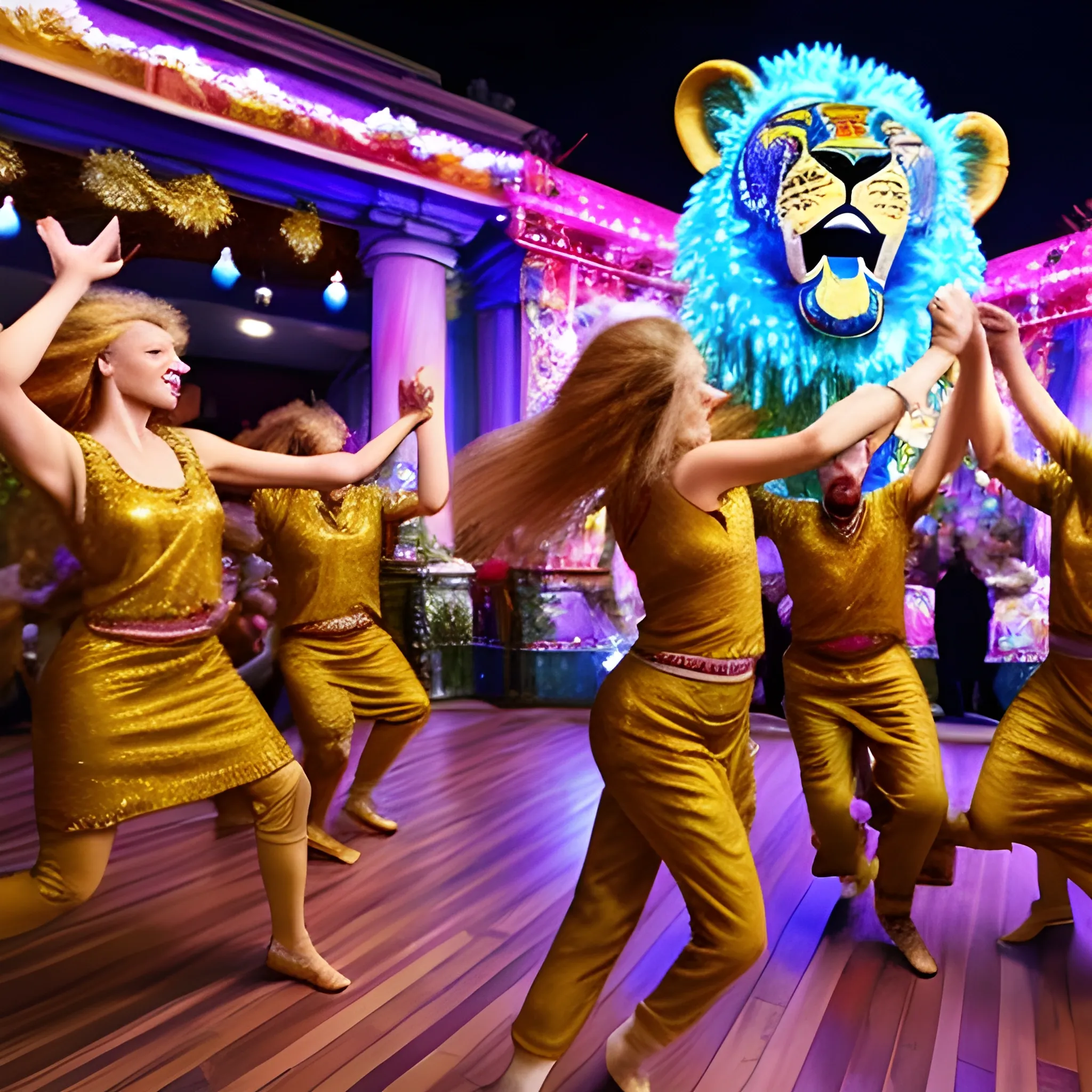 A group of people dancing with lions, expressing the atmosphere of the New Year holiday, Trippy