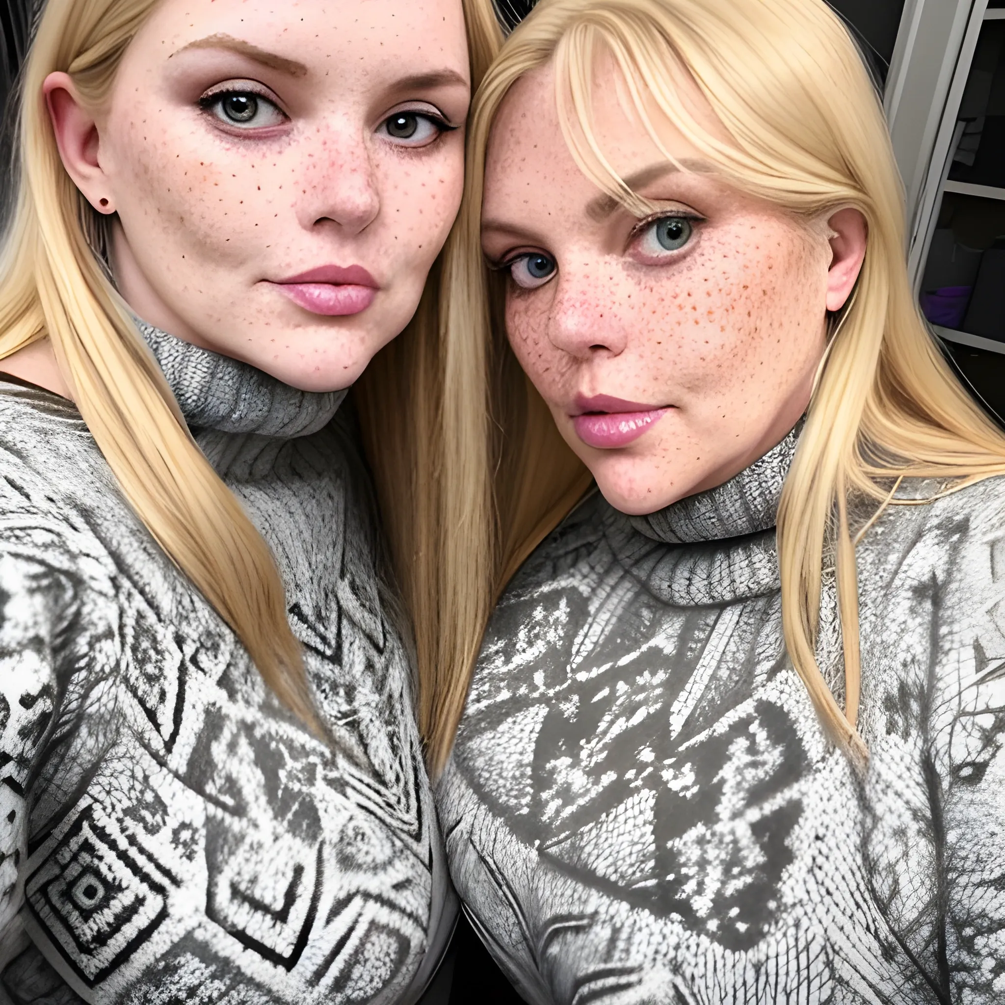 Two tall beautiful plus sized, ample, early middle-aged  American Women, long straight blonde hair, full lips, full face, freckles, fitted grey patterned sweaters, looking down at the camera, up close pov, detailed 