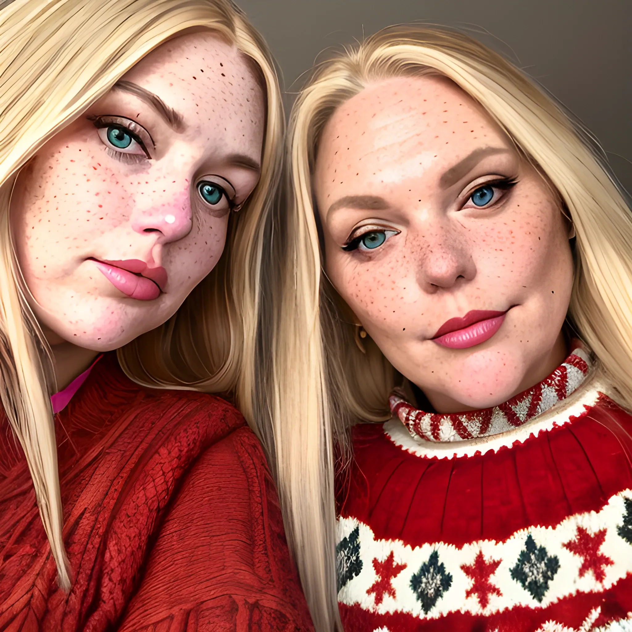 Two tall beautiful plus sized, ample, middle-aged  American Women, long straight blonde hair, full lips, full face, freckles, fitted red patterned sweaters, looking down at the camera, up close pov, detailed 