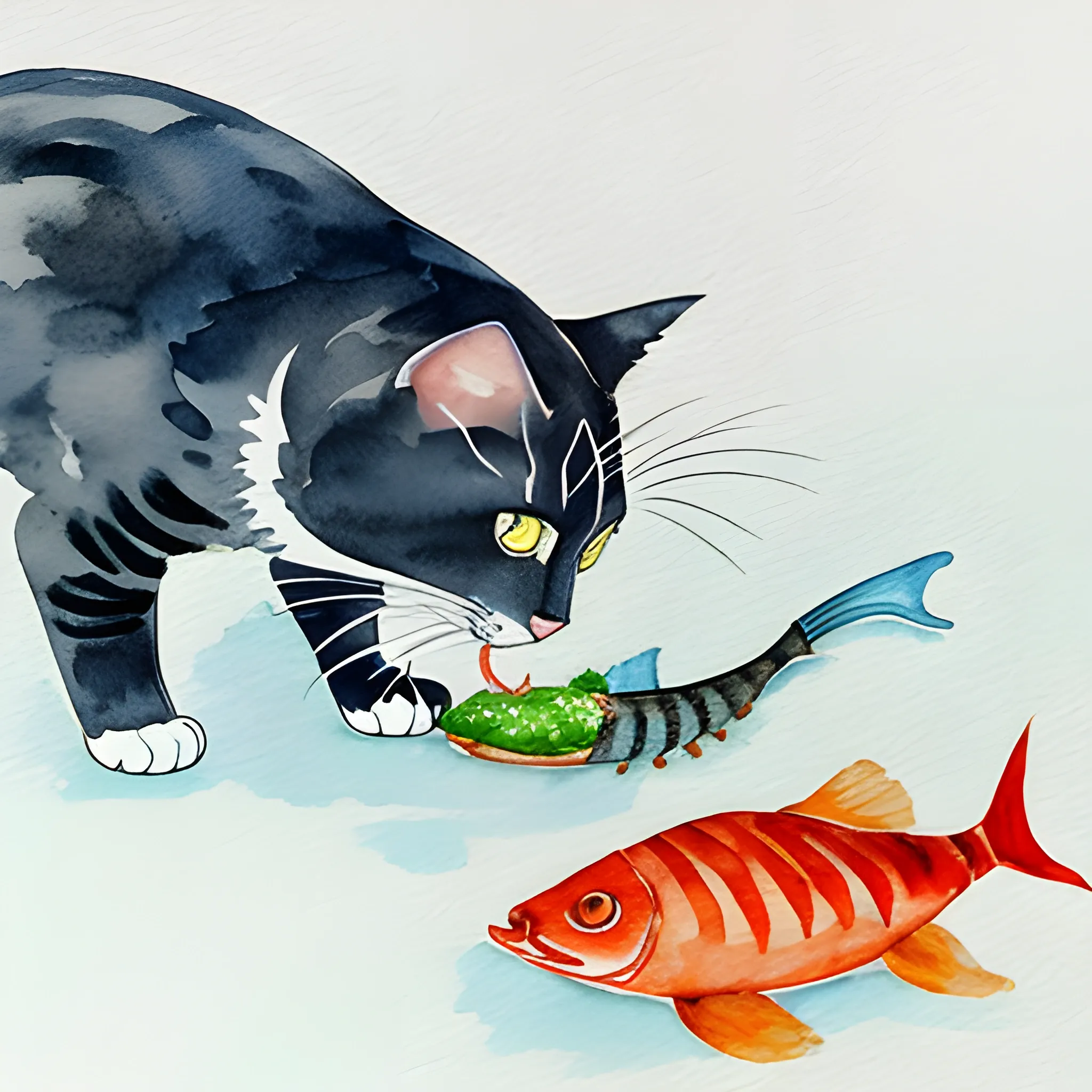 Cat eating fish, Water Color
