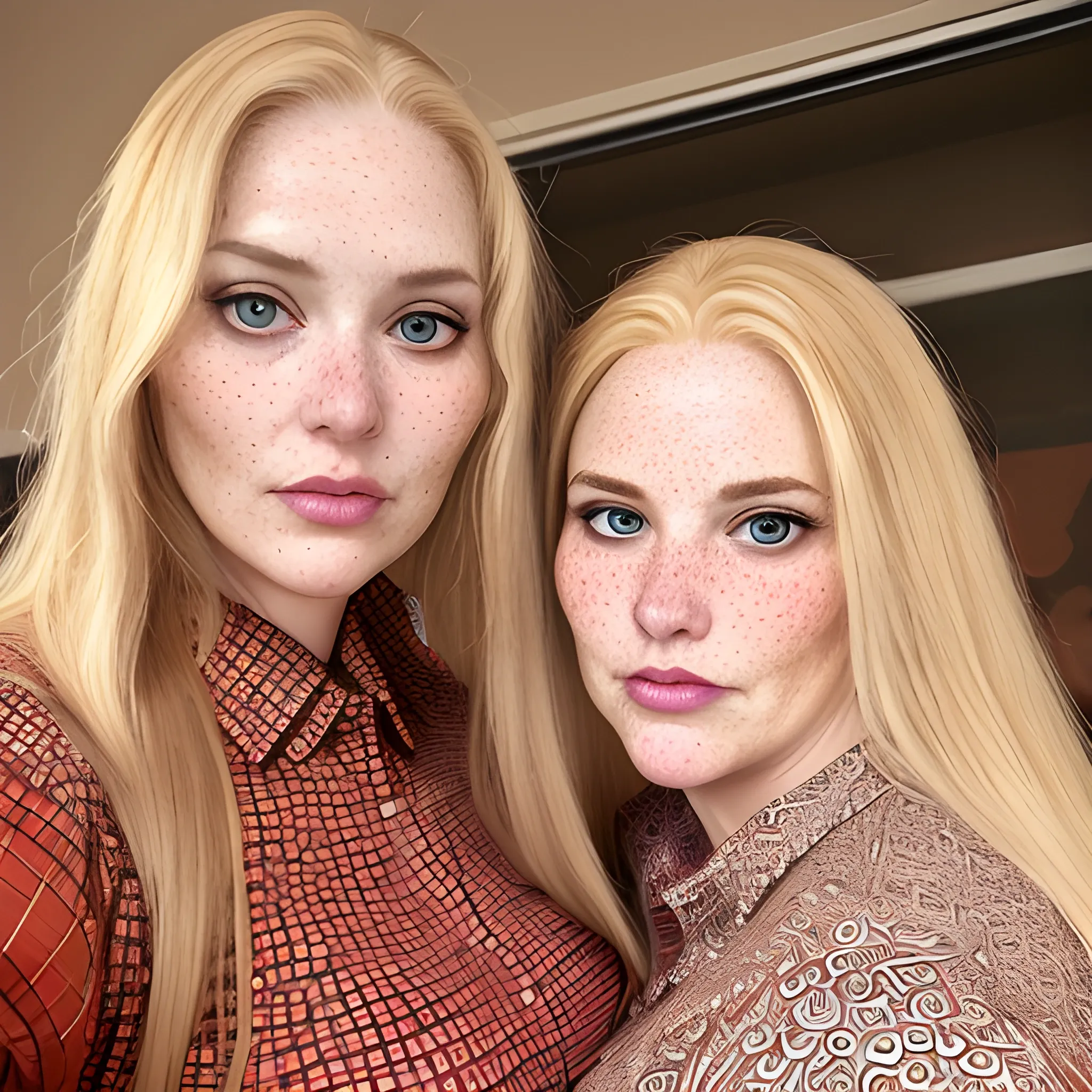 Two tall beautiful plus sized, ample, middle-aged  American Women, long straight blonde hair, full lips, full face, freckles, fitted red patterned shirts, looking down at the camera, up close pov, detailed 