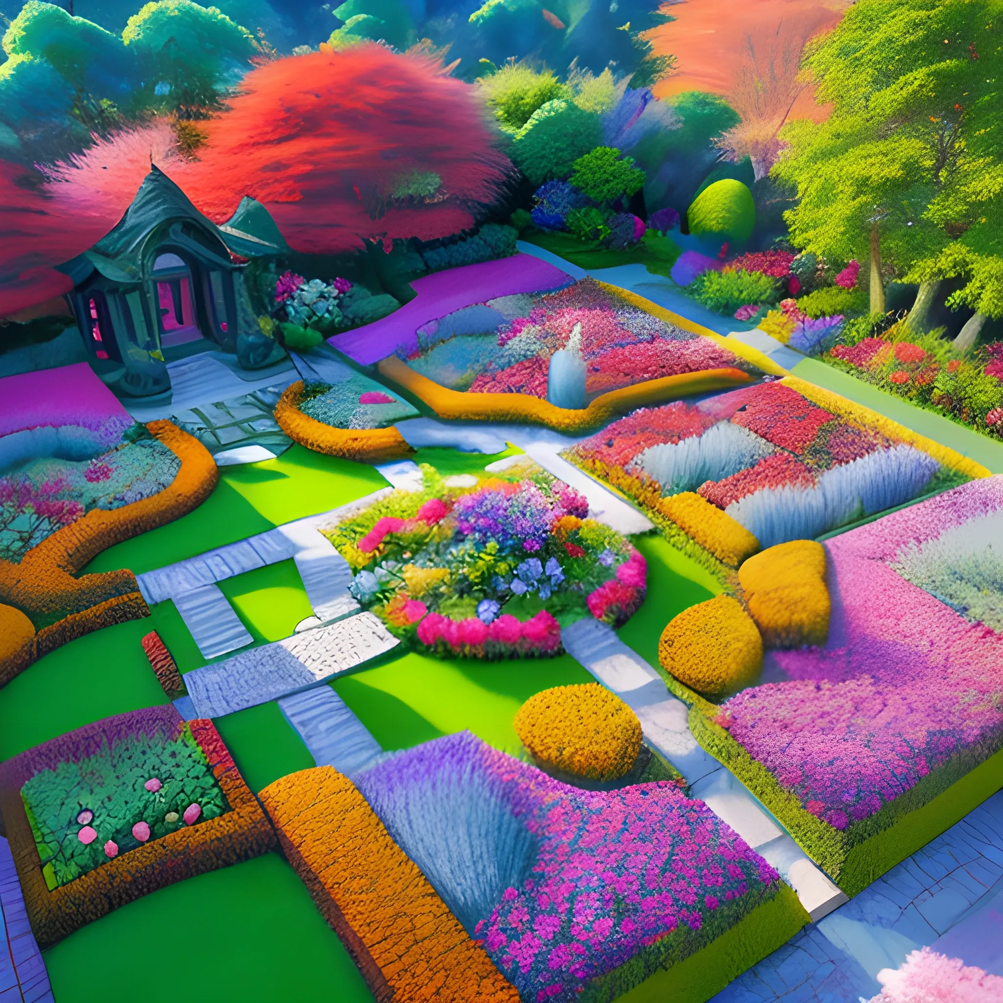 Artistic, scenic landscape in vibrant colors with picturesque flowers. Overhead shot highlighting intricate details. Warm, sunlight illuminating the serene garden. Masterpiece of nature's beauty, couple man and woman, love, 3D