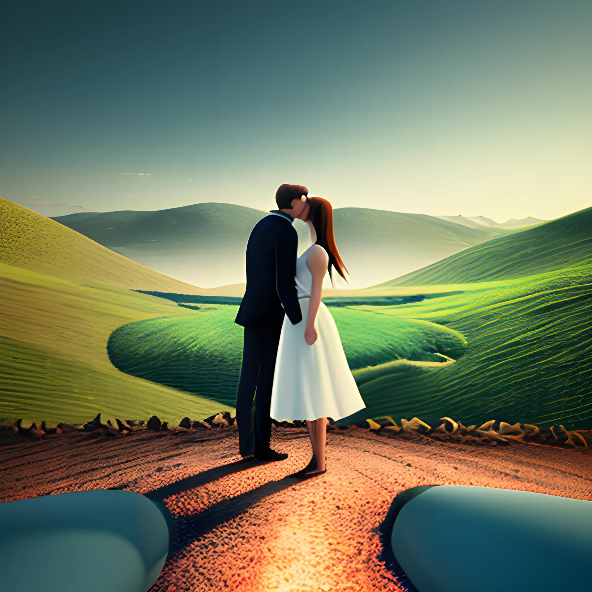 landscape, couple, man and woman, realistic, love, 3D