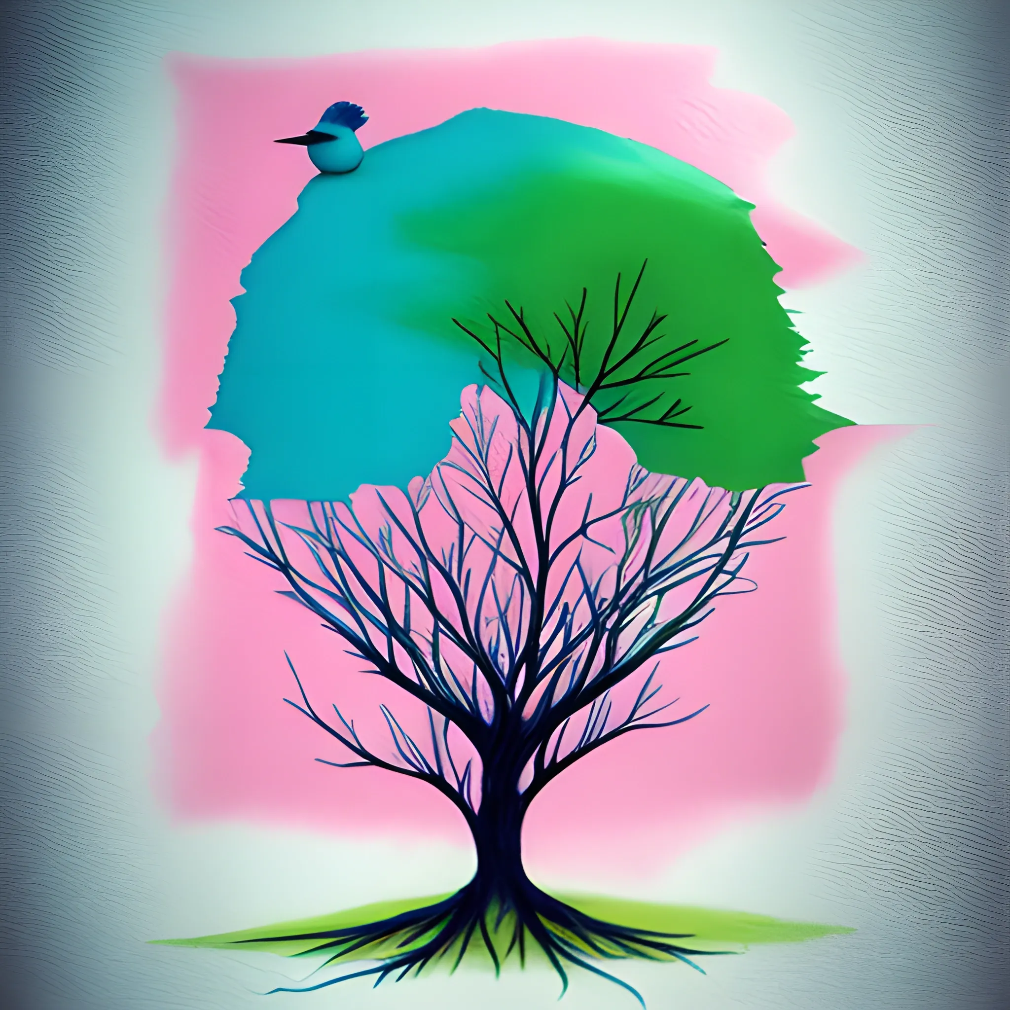 Tree,Bird, minimalistic, surreal, high definition, surreal, 3D, Water Color, , Pencil Sketch, pink, blue, green and white colors