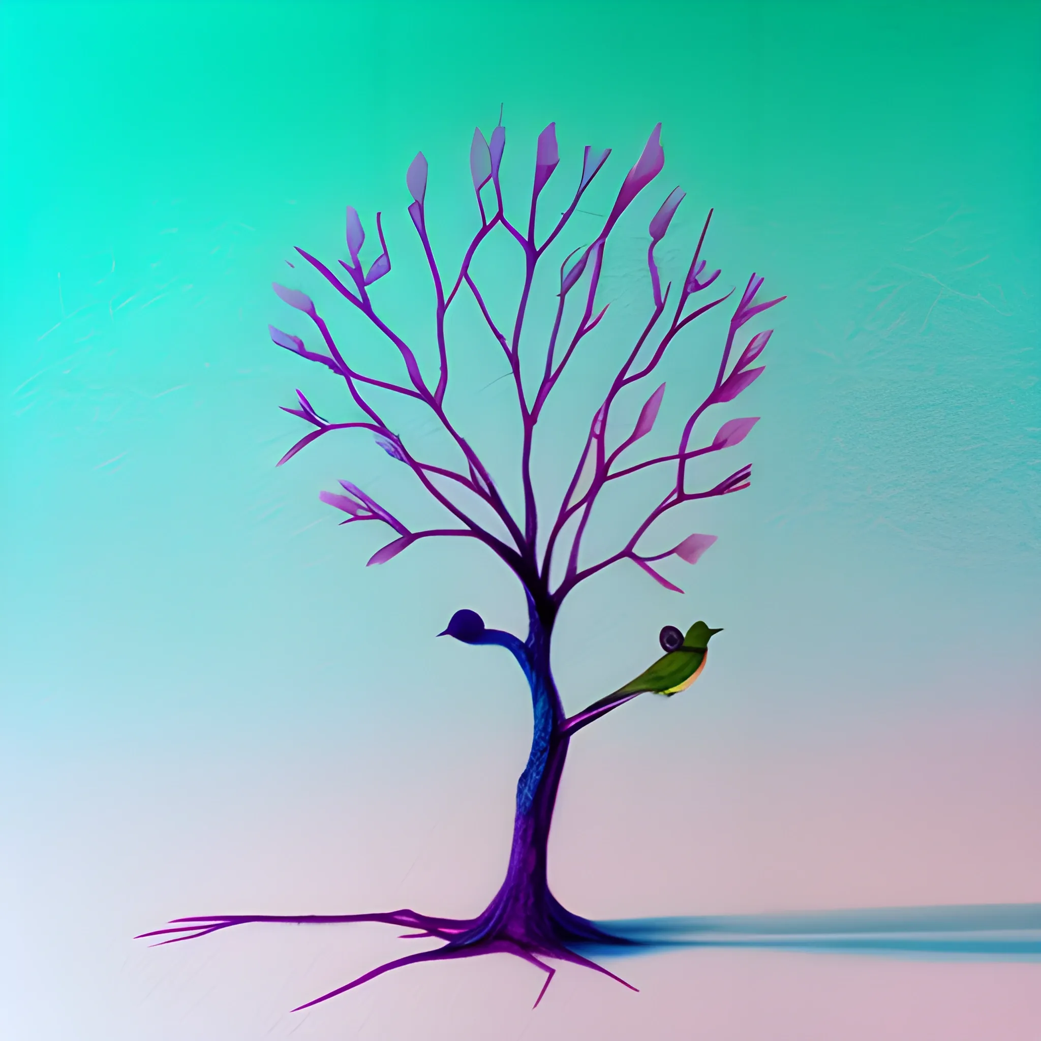 Tree,Bird, minimalistic, surreal, high definition, surreal, 3D, Water Color, , Pencil Sketch, pink, blue, green and white colors