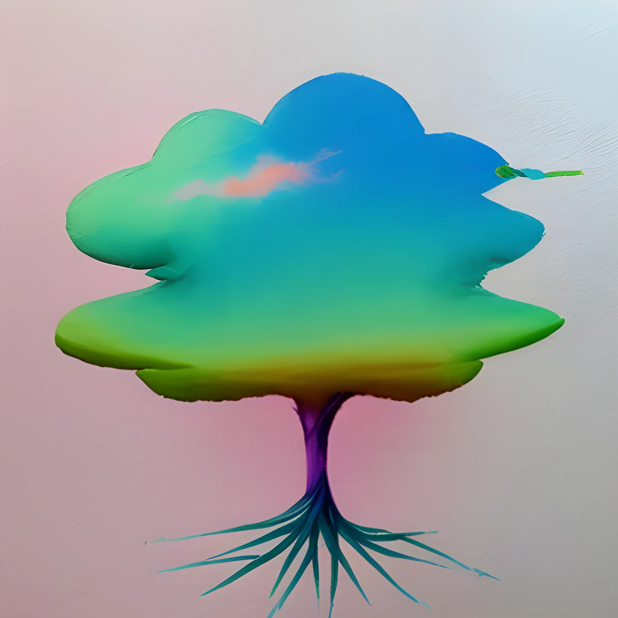 Tree,Bird,cloud, minimalistic, surreal, high definition, surreal, 3D, Water Color, , Pencil Sketch, pink, blue, green and white, orange colors