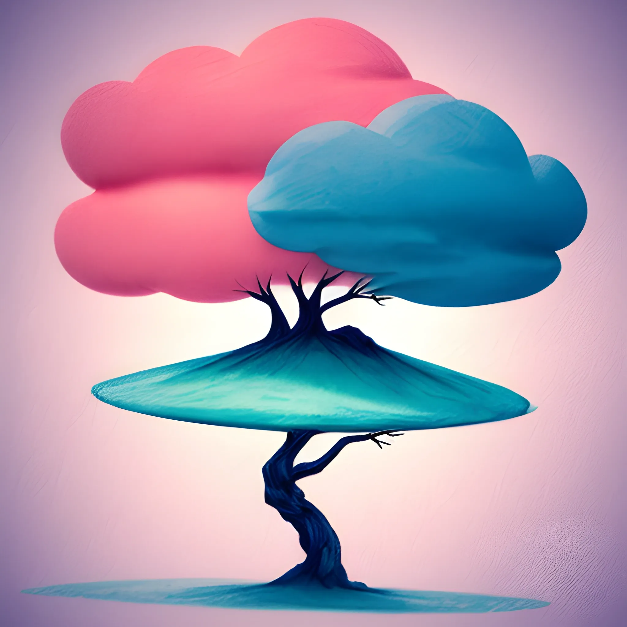 Tree,Bird,cloud, minimalistic, surreal, high definition, surreal, 3D, Water Color, , Pencil Sketch, pink, blue, green and white, orange colors