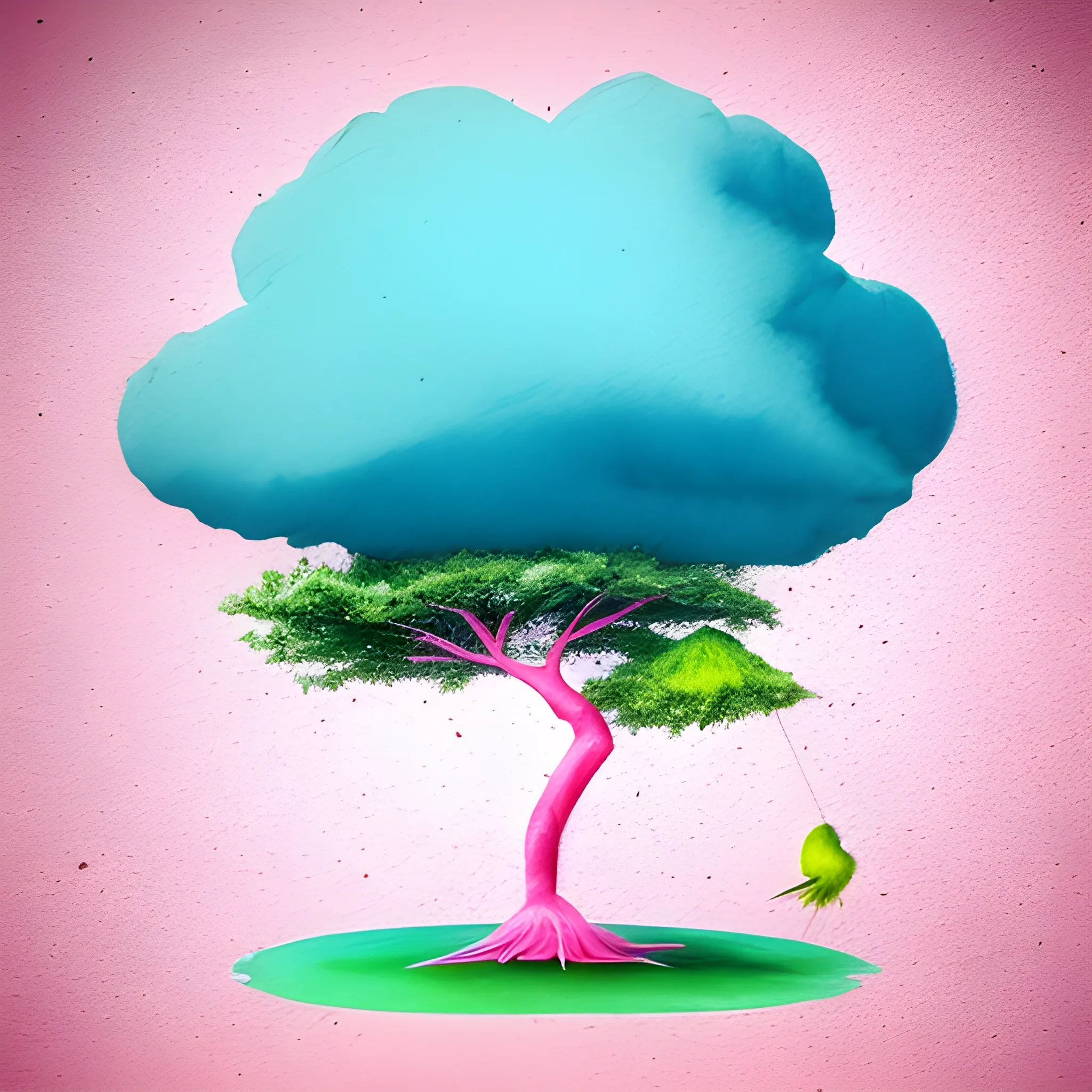 Tree,Bird,cloud, minimalistic, surreal, high definition, surreal, 3D, Water Color, , Pencil Sketch, pink, blue, green and white, orange colors