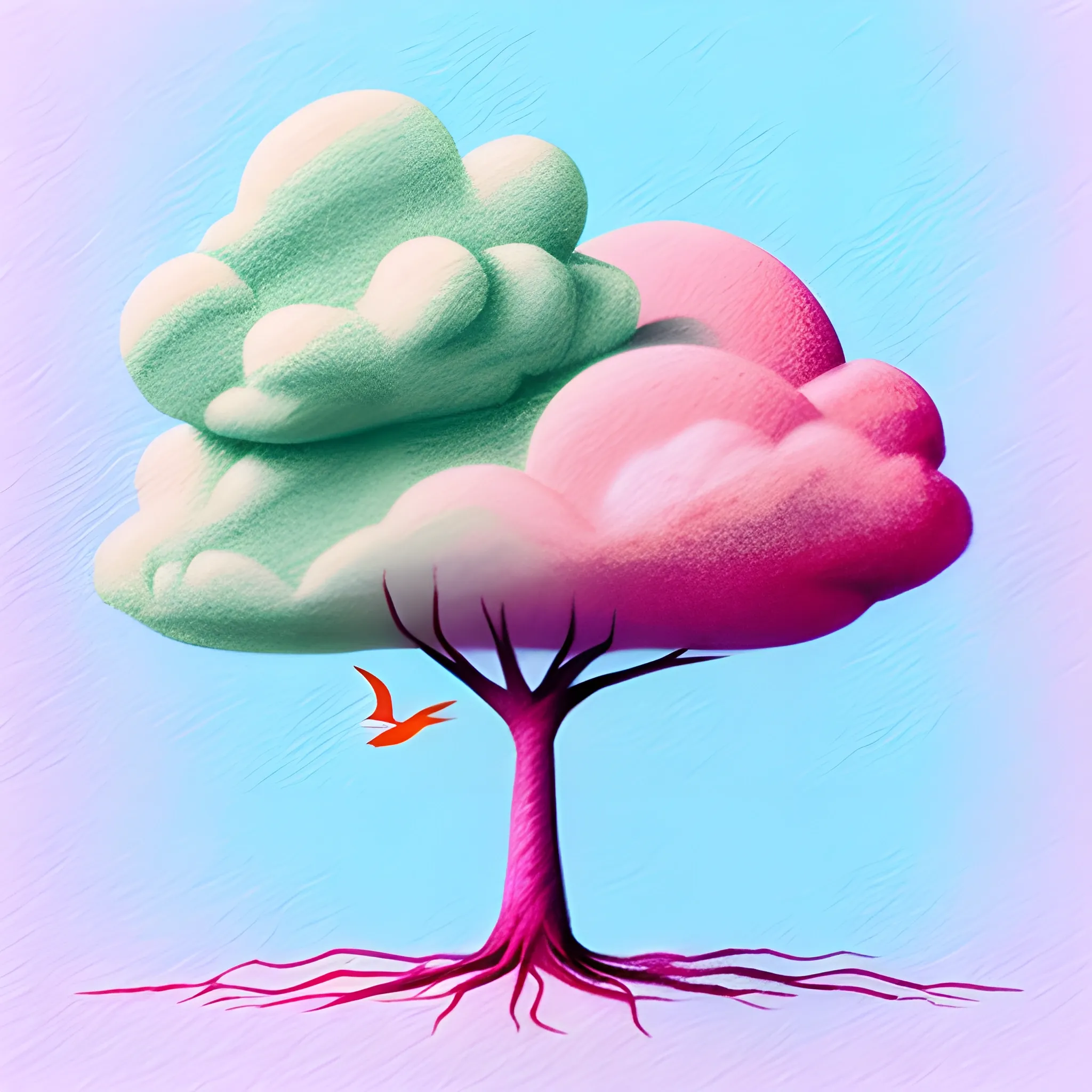 Tree,Bird,cloud, minimalistic, surreal, high definition, surreal, 3D, Water Color, , Pencil Sketch, pink, blue, green and white, orange colors