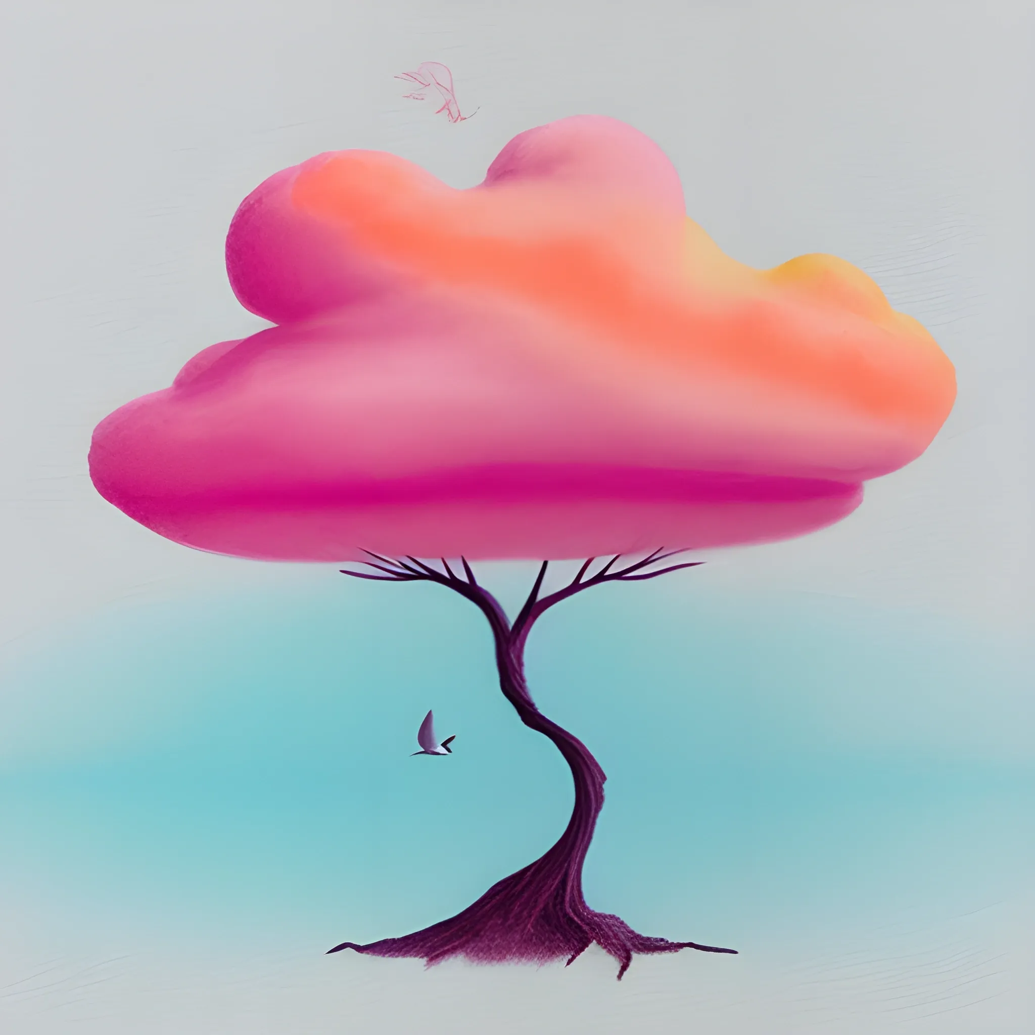 Tree,Bird,cloud, minimalistic, surreal, high definition, surreal, 3D, Water Color, , Pencil Sketch, pink, blue, green and white, orange colors