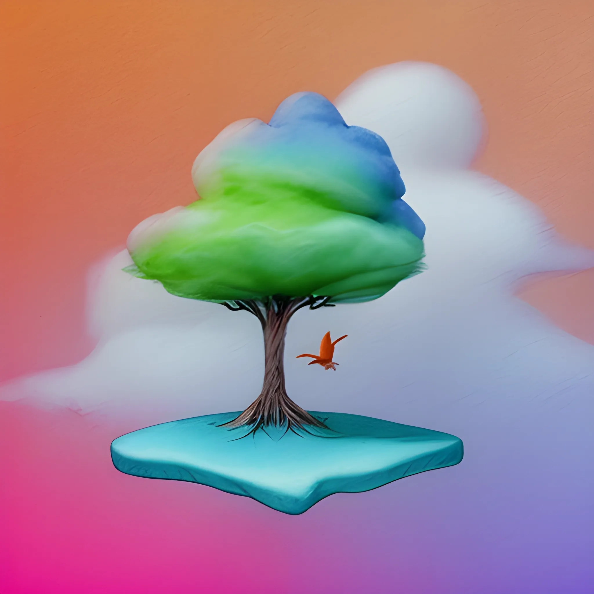 Tree,Bird,cloud, minimalistic, surreal, high definition, surreal, 3D, Water Color, , Pencil Sketch, pink, blue, green and white, orange colors