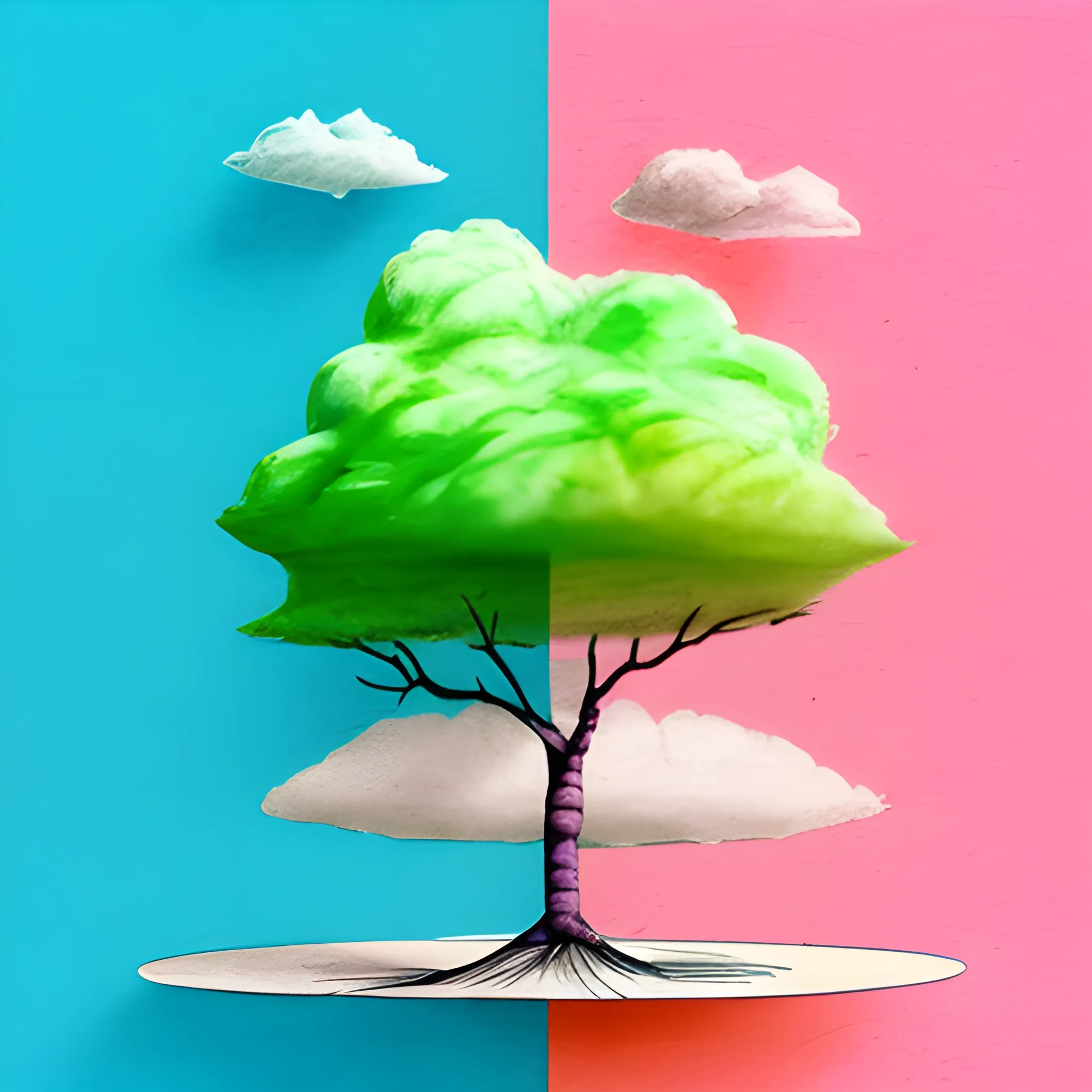 Tree,Bird,cloud, minimalistic, surreal, high definition, surreal, 3D, Water Color, , Pencil Sketch, pink, blue, green and white, orange colors