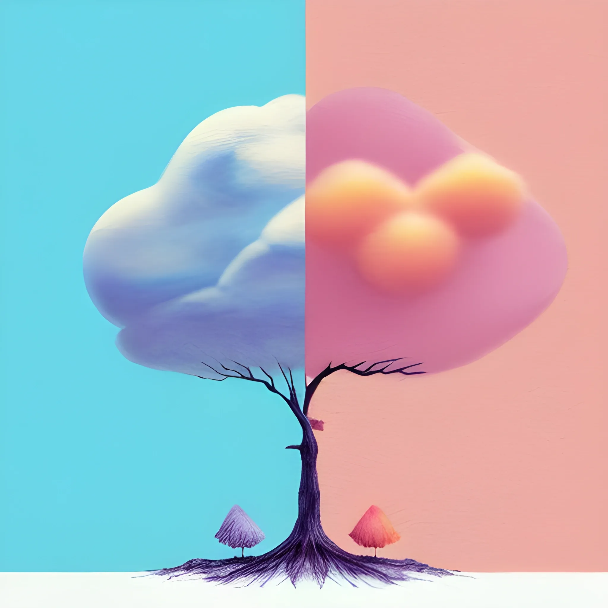 Tree,Bird,cloud, minimalistic, surreal, high definition, surreal, 3D, Water Color, , Pencil Sketch, pink, blue, green and white, orange colors