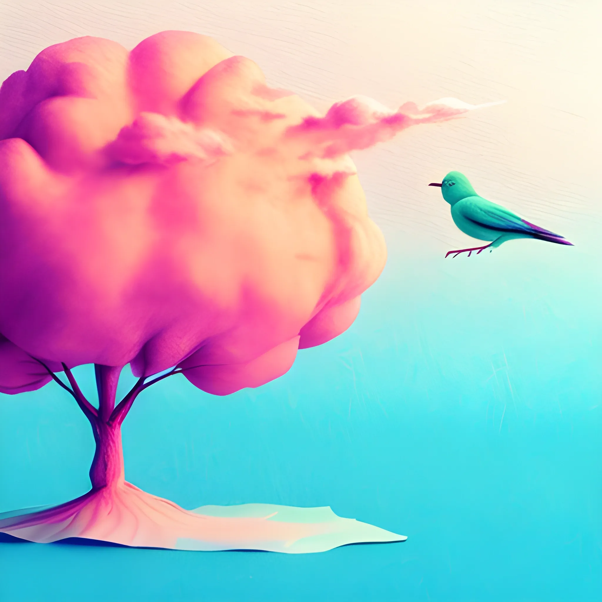 Tree,Bird,cloud, minimalistic, surreal, high definition, surreal, 3D, Water Color, , Pencil Sketch, pink, blue, green and white, orange colors