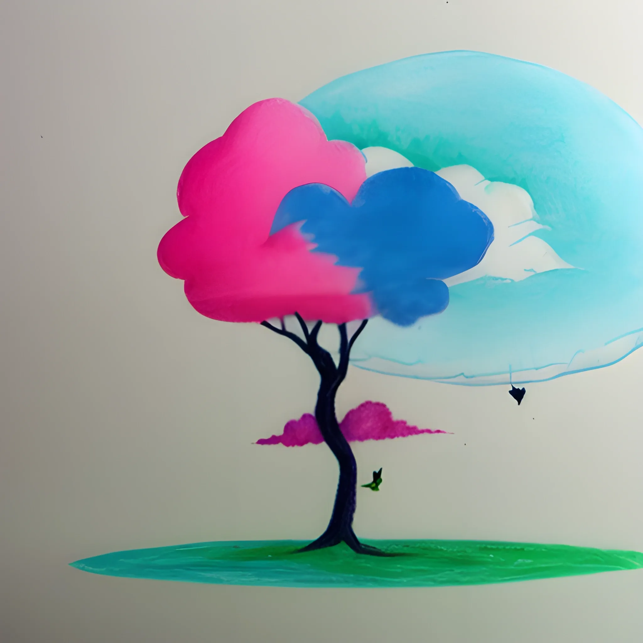 Tree,Bird,cloud, minimalistic, surreal, high definition, surreal, 3D, Water Color, , Pencil Sketch, pink, blue, green and white, orange colors