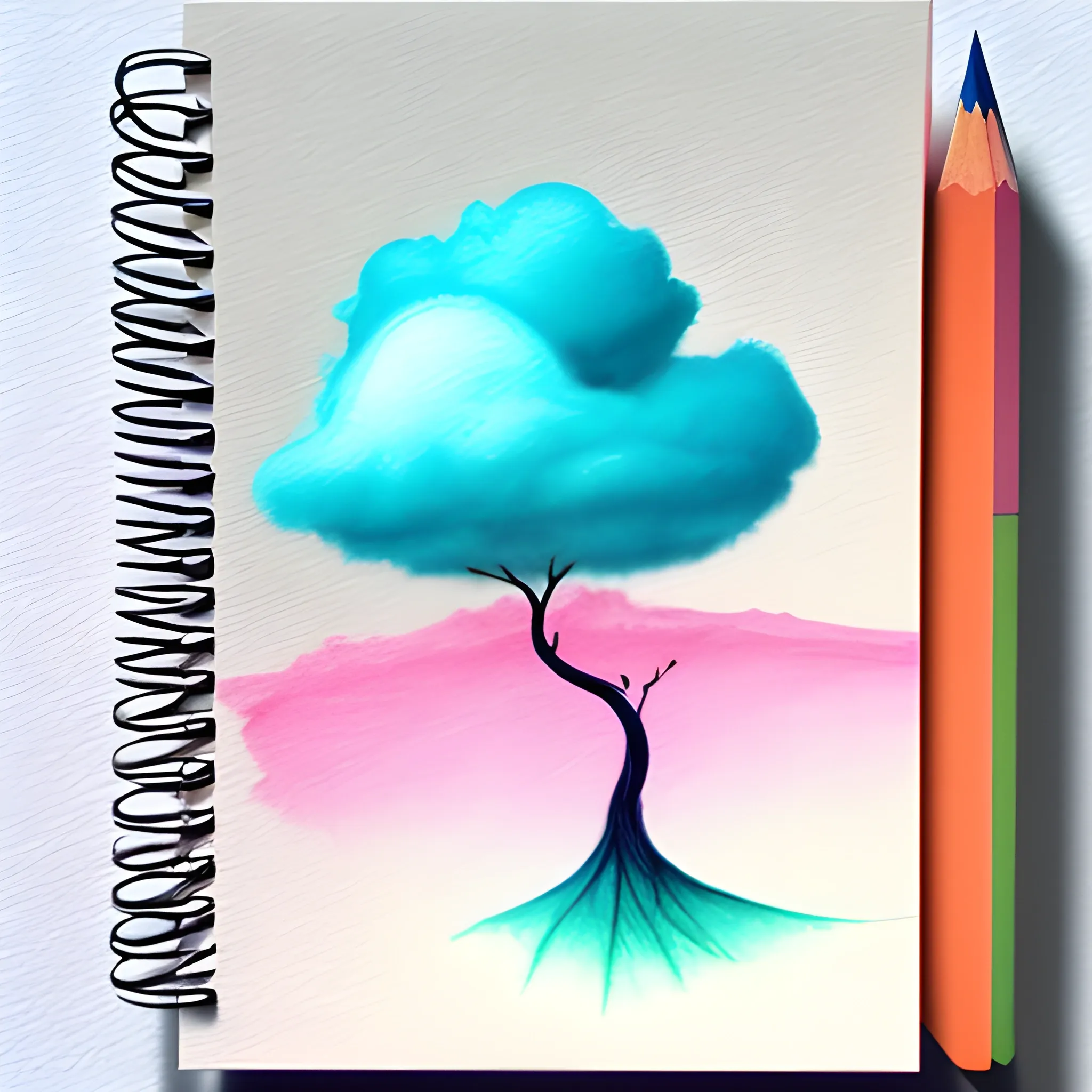 Tree,Bird,cloud, minimalistic, surreal, high definition, surreal, 3D, Water Color, , Pencil Sketch, pink, blue, green and white, orange colors