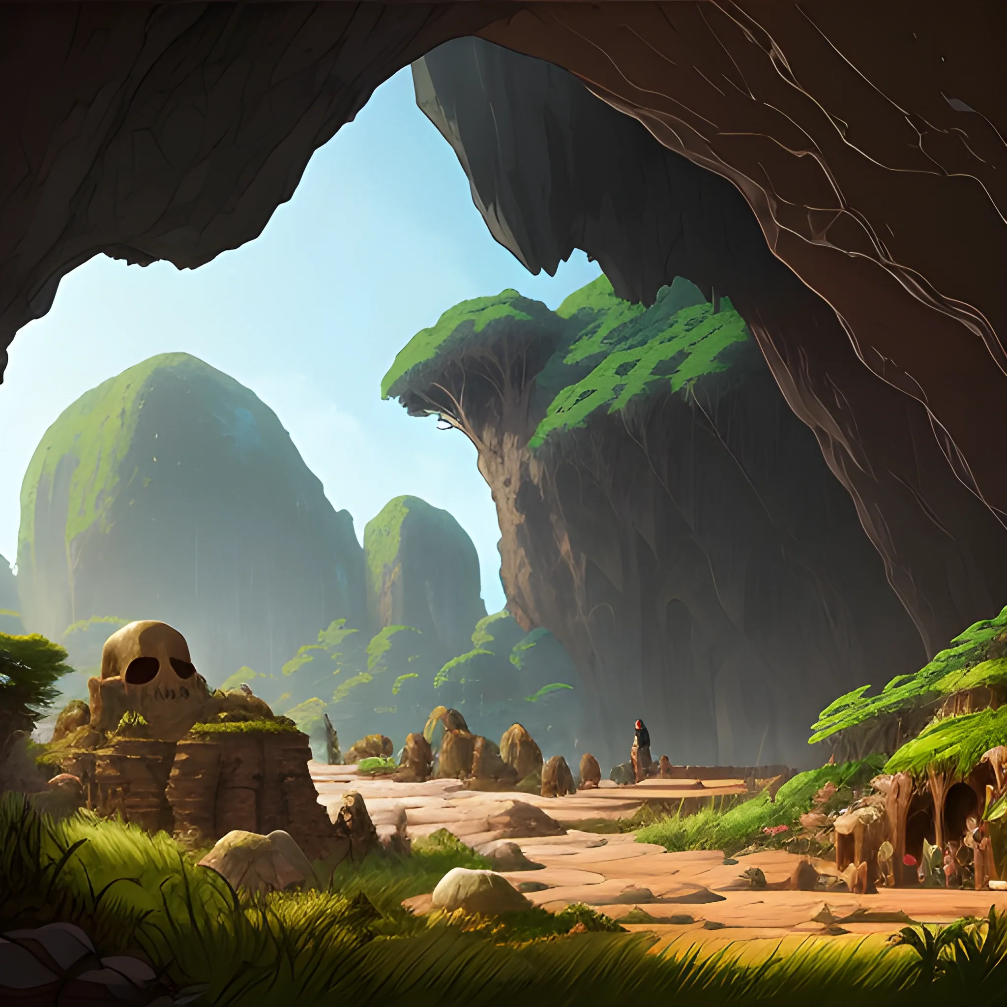 large cave with giant skulls, grass, rocks, cobwebs, pebbles, with débris, with an African style... in the style of makoto shinkai and greg rutkowski and albert bierstadt and james gurney