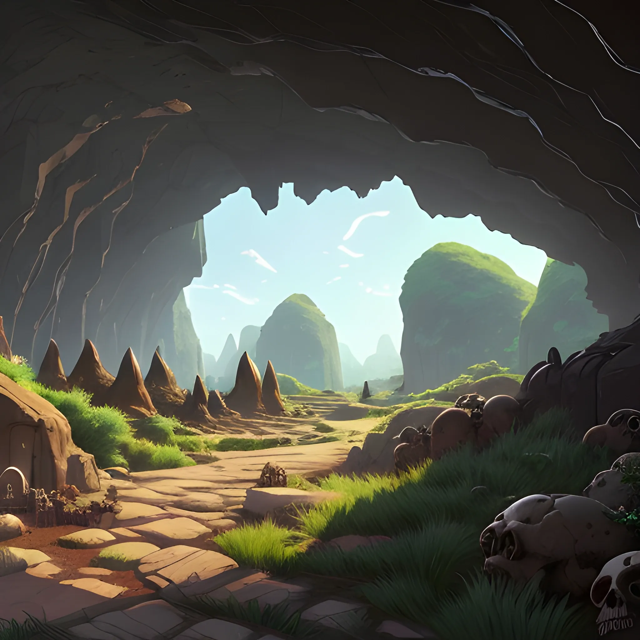 large cave with giant skulls, grass, rocks, cobwebs, pebbles, with débris, with an African style... in the style of makoto shinkai and greg rutkowski and albert bierstadt and james gurney