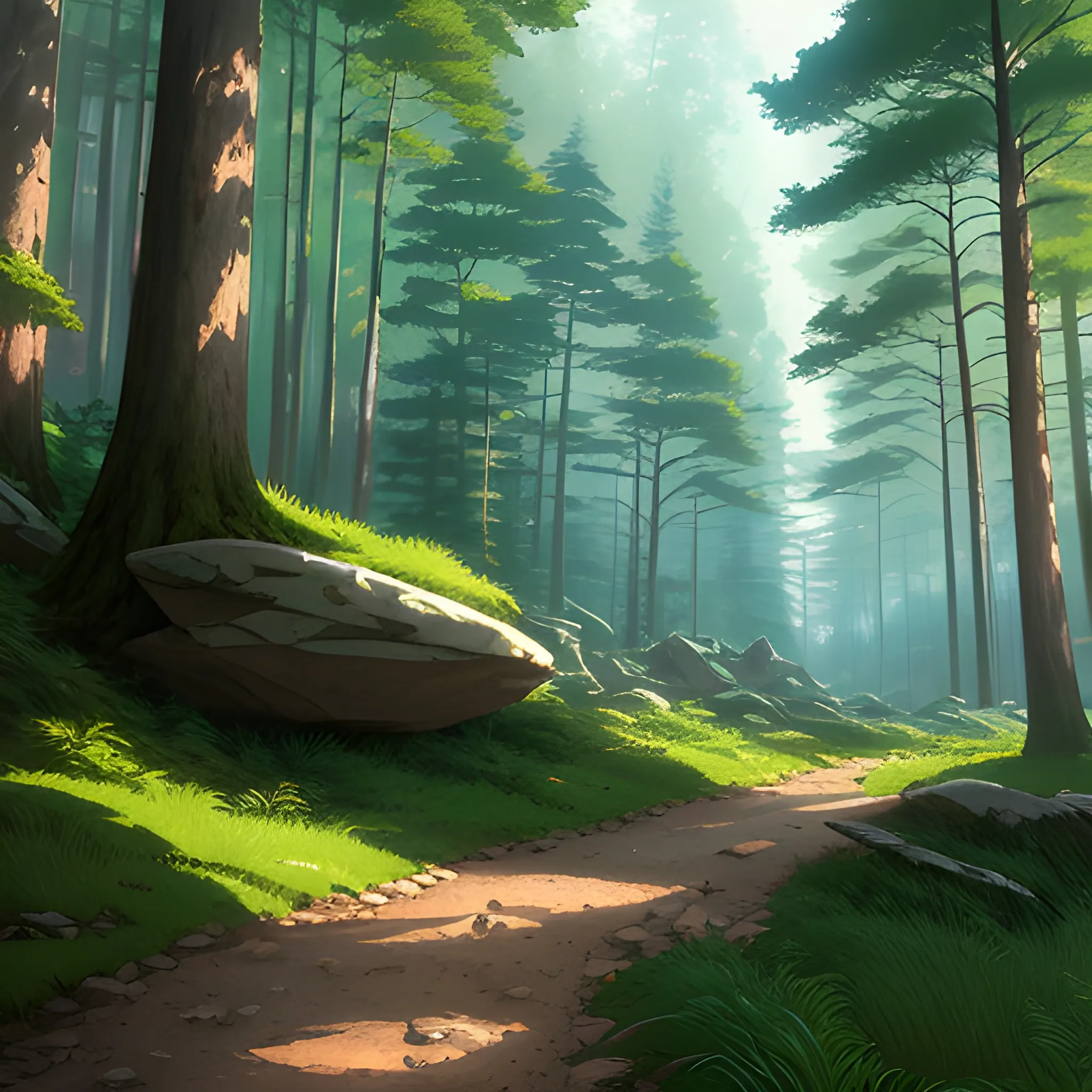 a huge forest with tall trees, rocks, tall grass, a small stream and a trail., in the style of makoto shinkai and greg rutkowski and albert bierstadt and james gurney 