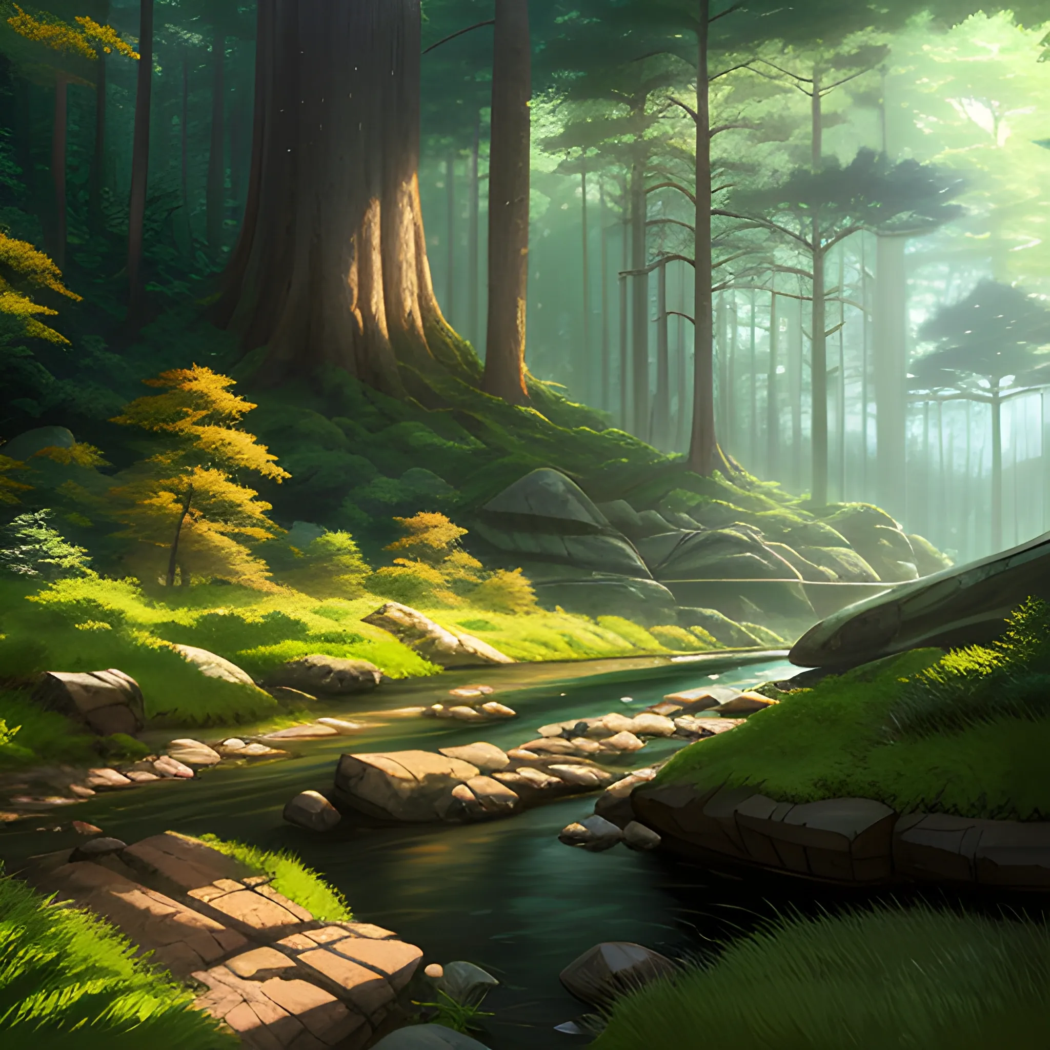 a huge forest with tall trees, rocks, tall grass, a small stream and a trail., in the style of makoto shinkai and greg rutkowski and albert bierstadt and james gurney 