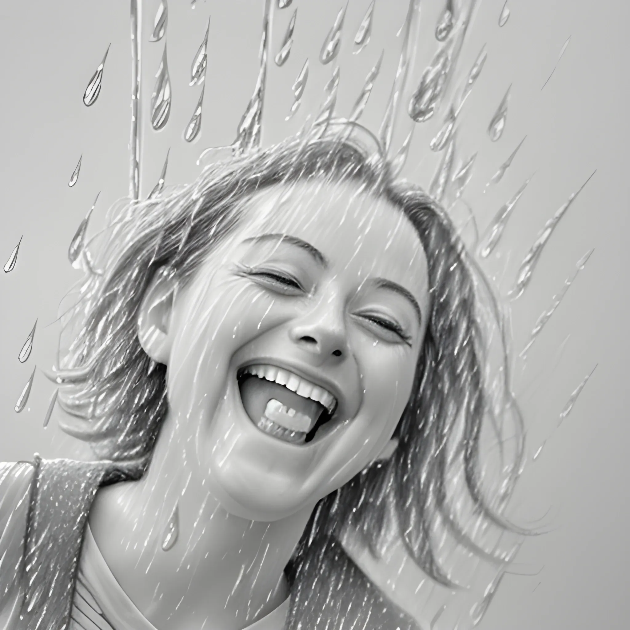 A happy picture of someone laughing while it’s raining, taken with a fast camera setting to capture the raindrops in motion. Pencil Sketch.
