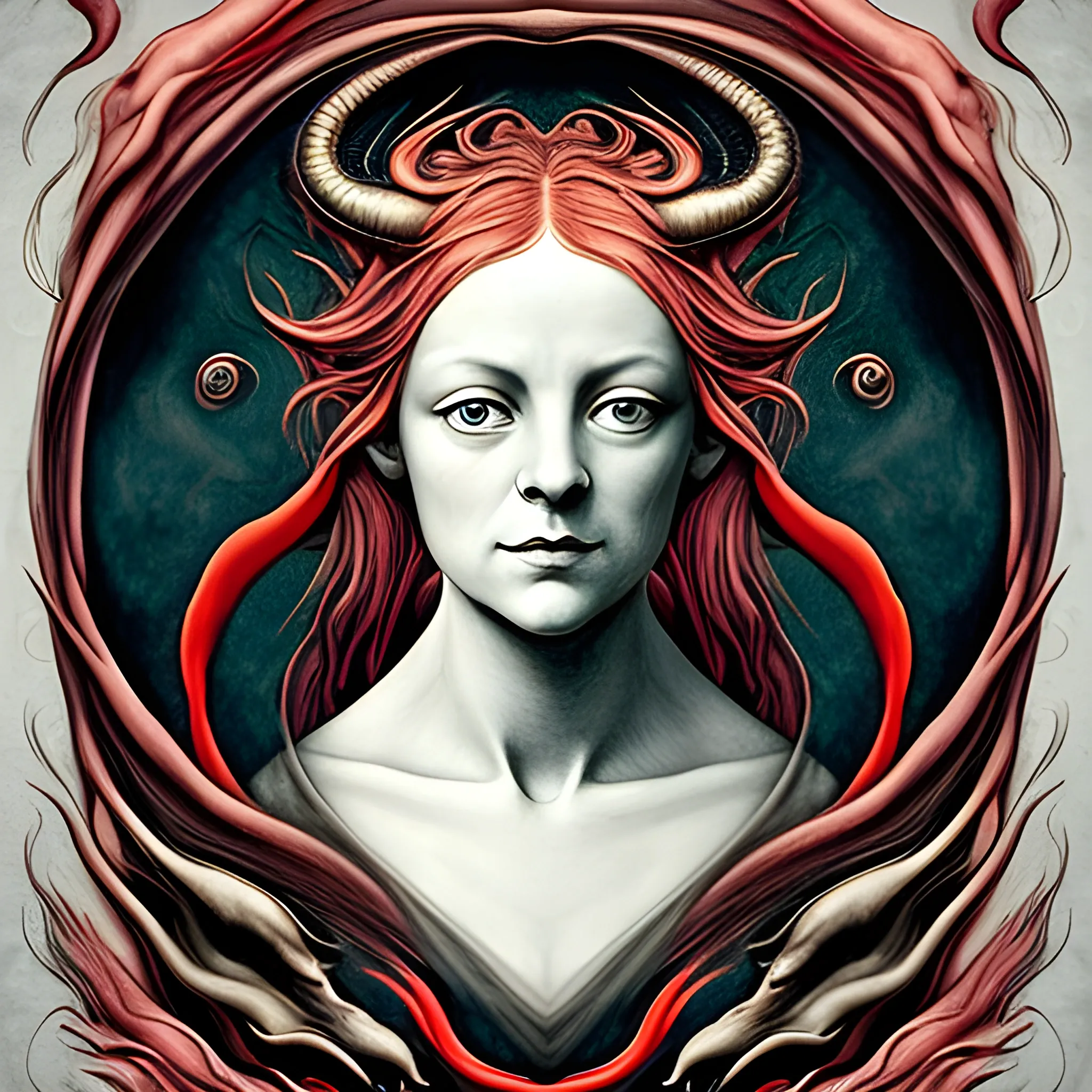 create a reproduction of a female portrait "The Great Red Dragon" by William Blake. Whimsical elements, eerie atmosphere, chaotic background. Surrealist style, abstract, irrational, subconscious, abstract forms and shapes, sense of otherworldliness