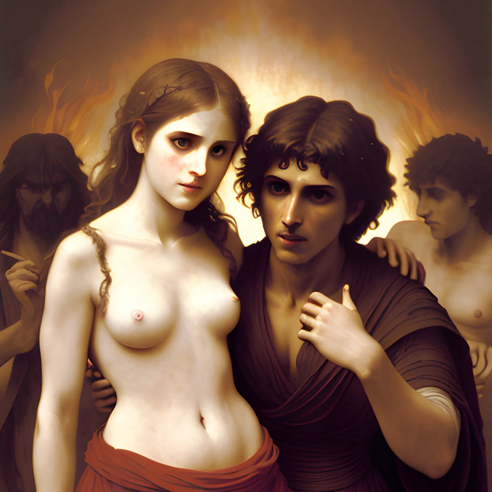 create a reproduction of a female portrait  "Dante and Virgil in Hell" painting by William-Adolphe Bouguereau. Whimsical elements, eerie atmosphere, chaotic background. Photorealism, Color Photography, Mid-20th Century-Present 