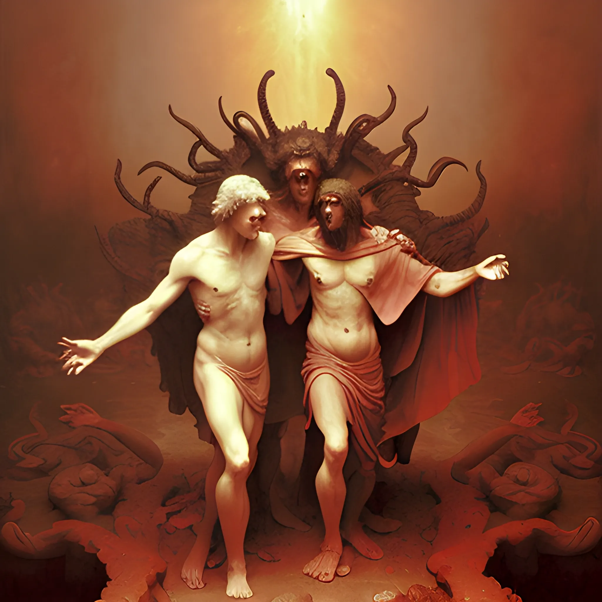 create a reproduction of  "Dante and Virgil in Hell" painting by William-Adolphe Bouguereau. Whimsical elements, eerie atmosphere, chaotic background. Photorealism, Color Photography, Mid-20th Century-Present 