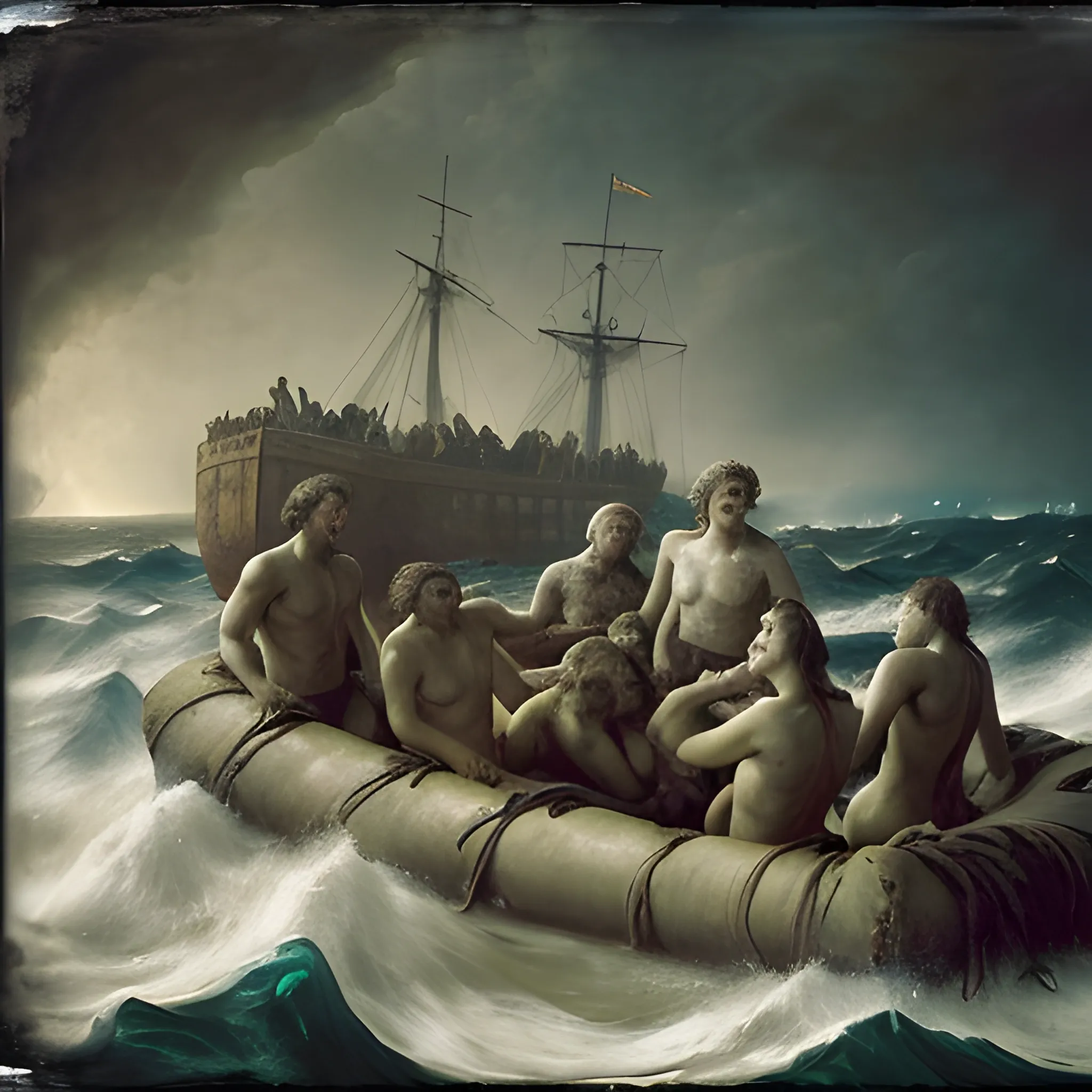 create a reproduction of "The Raft of the Medusa" by Théodore Géricault.+ Create a scene from a shipwreck, with a group of people struggling to survive at sea after the shipwreck. The scene exudes anxiety, despair, and human endurance in the face of disaster.
With detailed realism,  portray  the survivors with expressive faces, intense colors, and cinematic composition. The bodies of the castaways are presented brightly against the dark environment of the sea, creating a contrast that enhances the dramatic character of the work.
 Whimsical elements, eerie atmosphere, chaotic background. Photorealism, Color Photography, Mid-20th Century-Present.