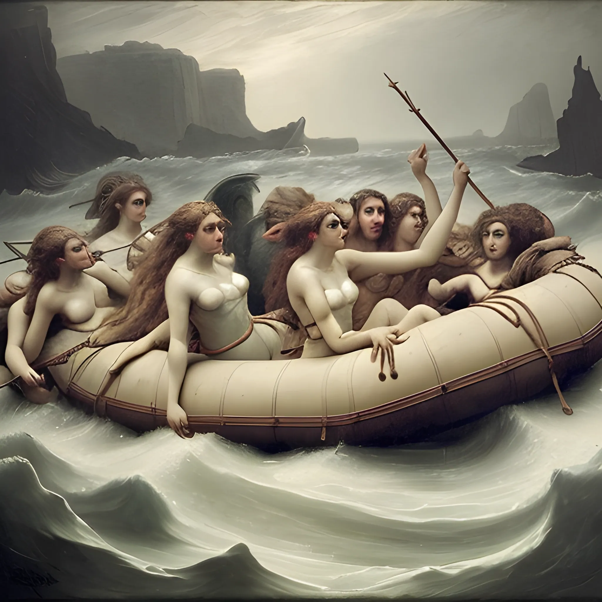 create a reproduction of a female portrait "The Raft of the Medusa" by Théodore Géricault. Whimsical elements, eerie atmosphere, chaotic background. Photorealism, Color Photography, Mid-20th Century-Present.
